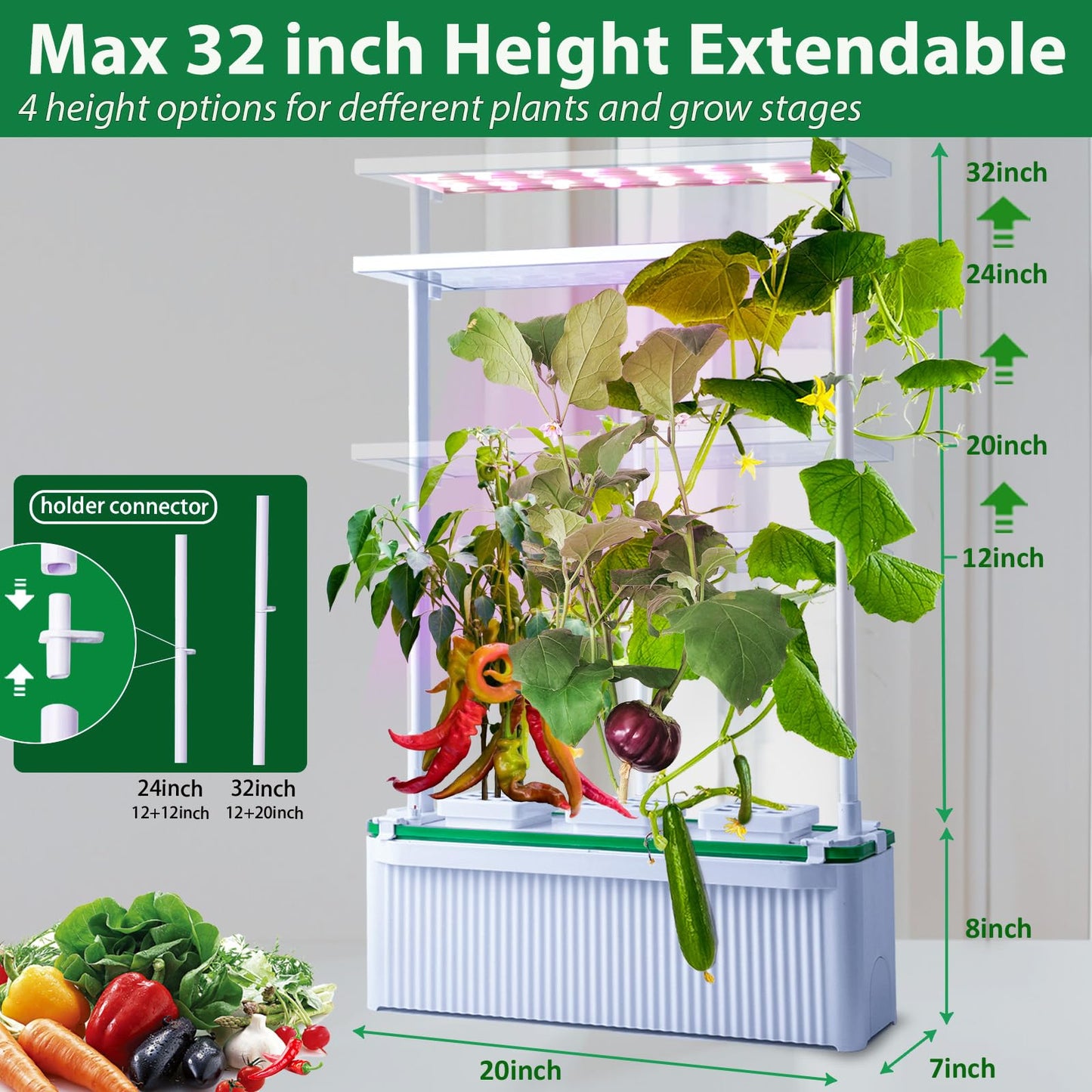 E SUPEREGROW Large Hydroponics Growing System kit with Trellis,Smart Indoor Hydroponic Gardening System with LED Grow Light, Indoor Hydroponic Grow Kit for Tomato,Pepper,Cucumbers(7L,Pump)