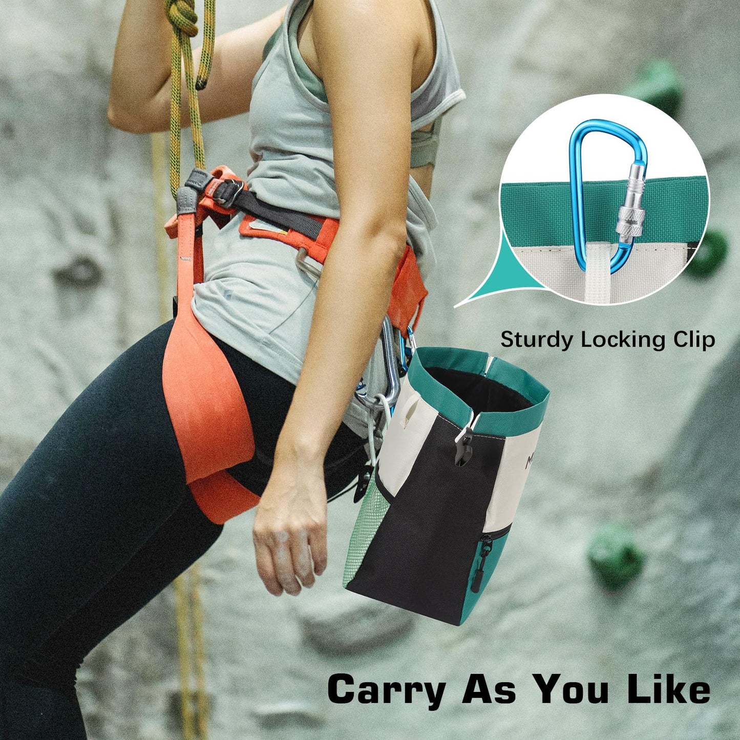 MoKo Chalk Bag for Rock Climbing, Large Capacity Climbing Chalk Bag with Magnetic Snap and Zipper Pocket, Portable Chalk Bucket for Weight Lifting, Bouldering, Gymnastics, Fitness, Green