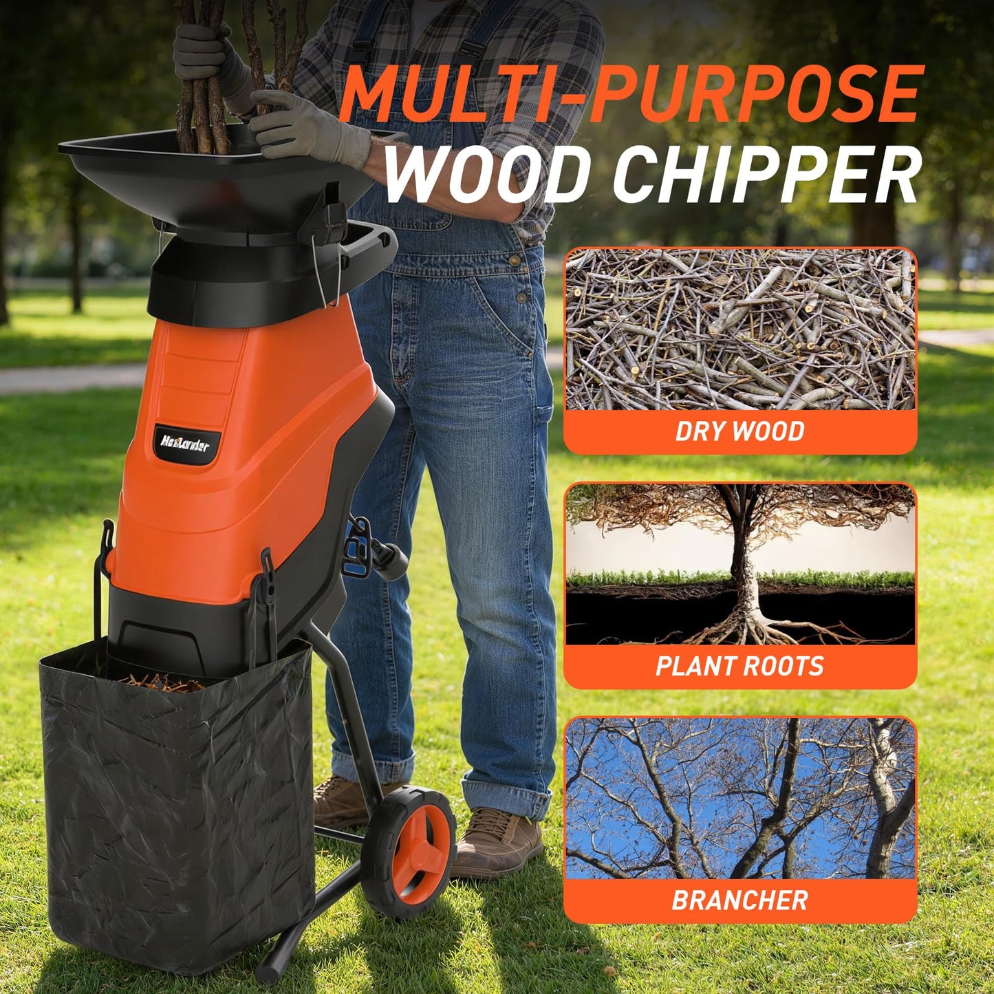 MAXLANDER 15-Amp Electric Wood Chipper Shredder, 1.75-Inch Cutting Capacity, Yard Waste Mulcher for Composting Branches & Twigs, Corded Chipper with Collection Bag