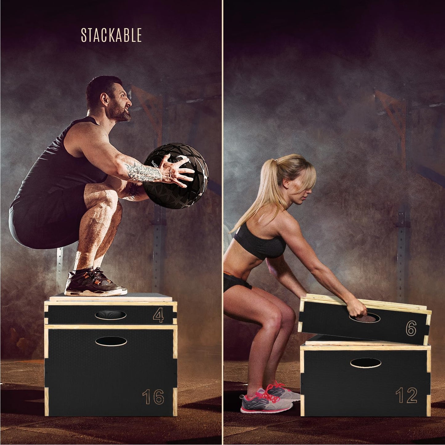 Yes4All Stackable Wooden Plyo Box, Plyometric Box with Anti-Slip Surface for Home Gym & Outdoor Workout - Black - 4", C756