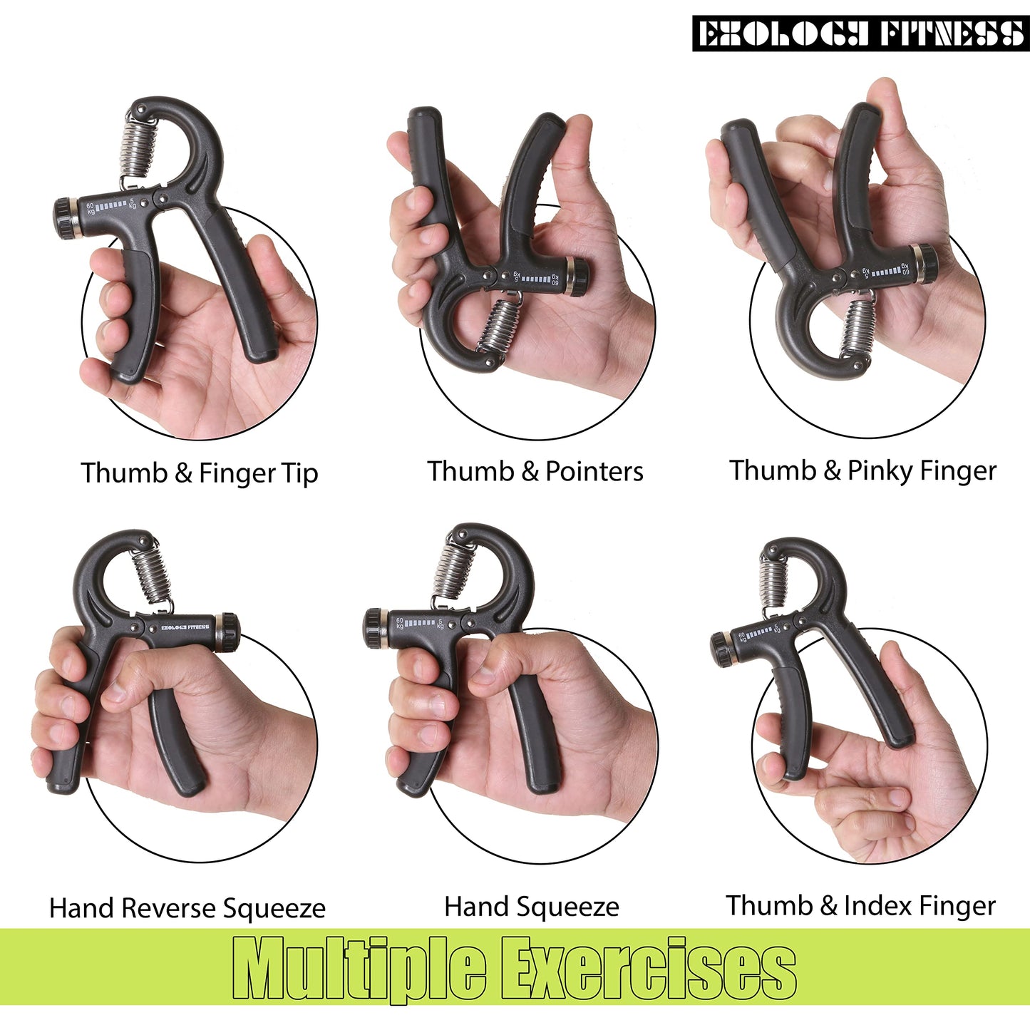 Exology Fitness Grip Strength Trainer 11lbs-132lbs (5kg-60kg)– Non Slip Hand Grip Strengthener with Stainless Steel Spring for Improving Hand, Finger, and Forearm Strength