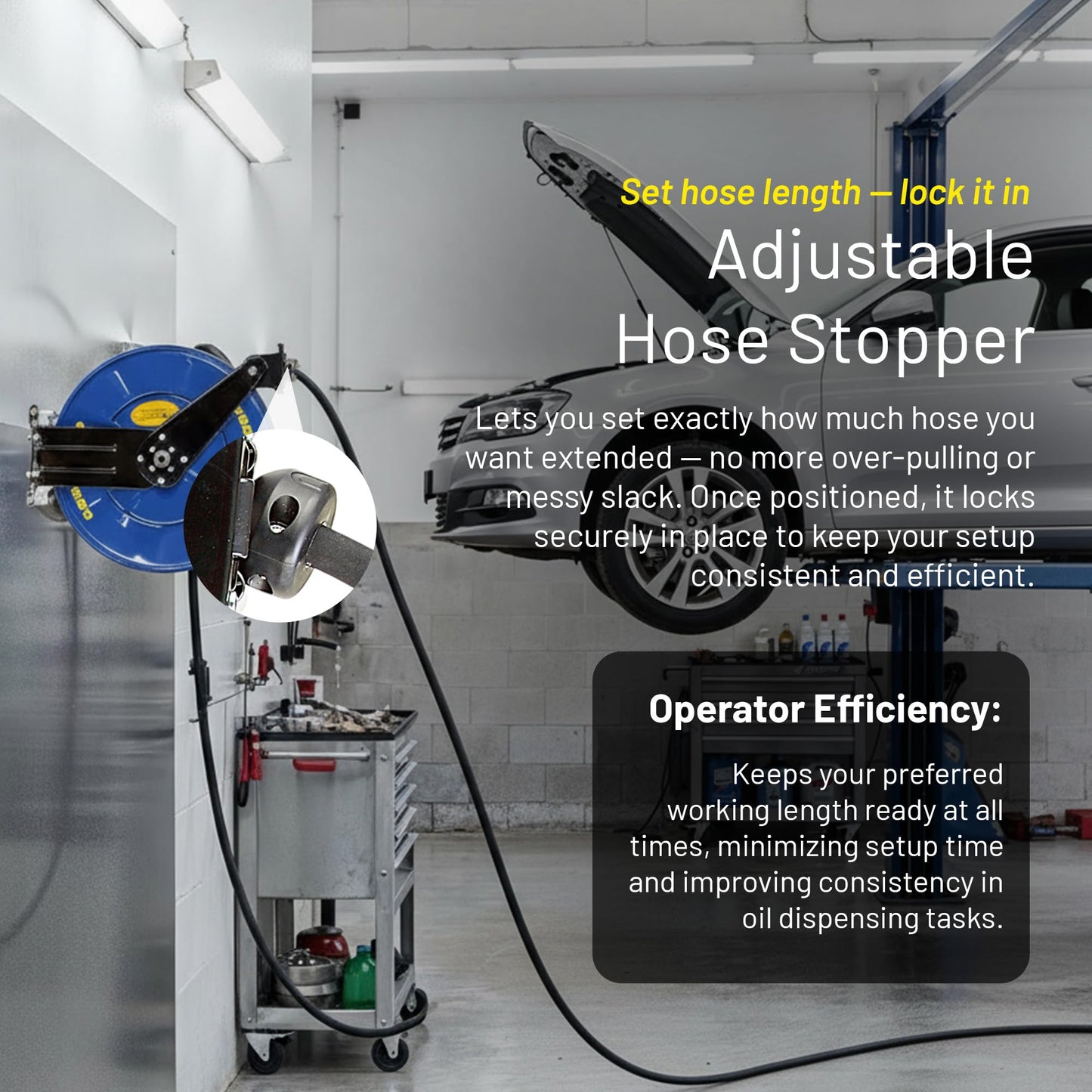 Goodyear Oil Hose Reel Retractable 1/2" Inch x 50' Foot Long Premium Commercial SAE 100R1AT Hose Max 2320 Psi Steel Construction Elite Heavy Duty Industrial Spring Driven Dual Arm and Pedestal