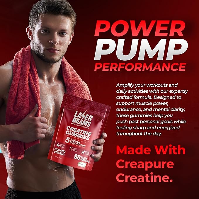 Creatine Monohydrate Gummies - 5g Creapure Creatine per Serving - Vegan - Boost Muscle Strength, Endurance, Recovery & Mental Focus - 90 Gummies, Gluten-Free (Strawberry)