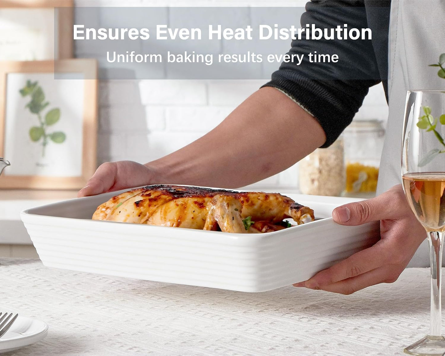 ONEMORE Ceramic Baking Dish - 9x13 Large Rectangular Casserole Pan for Lasagna & Family Meals - Ribbed White Bakeware