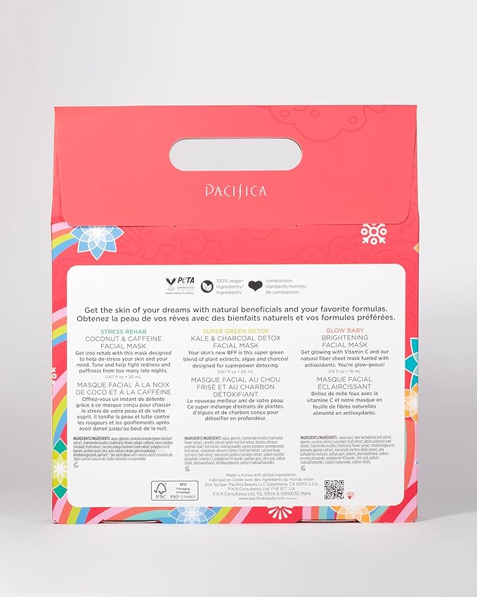 Pacifica 3-Pack Face Sheet Mask Variety Set ??Brightening Vitamin C, Green Detox & Stress Rehab Hydrating Masks for Glowing Skin, Holiday Beauty Gift for Women Teens Girls, Vegan Clean Skincare