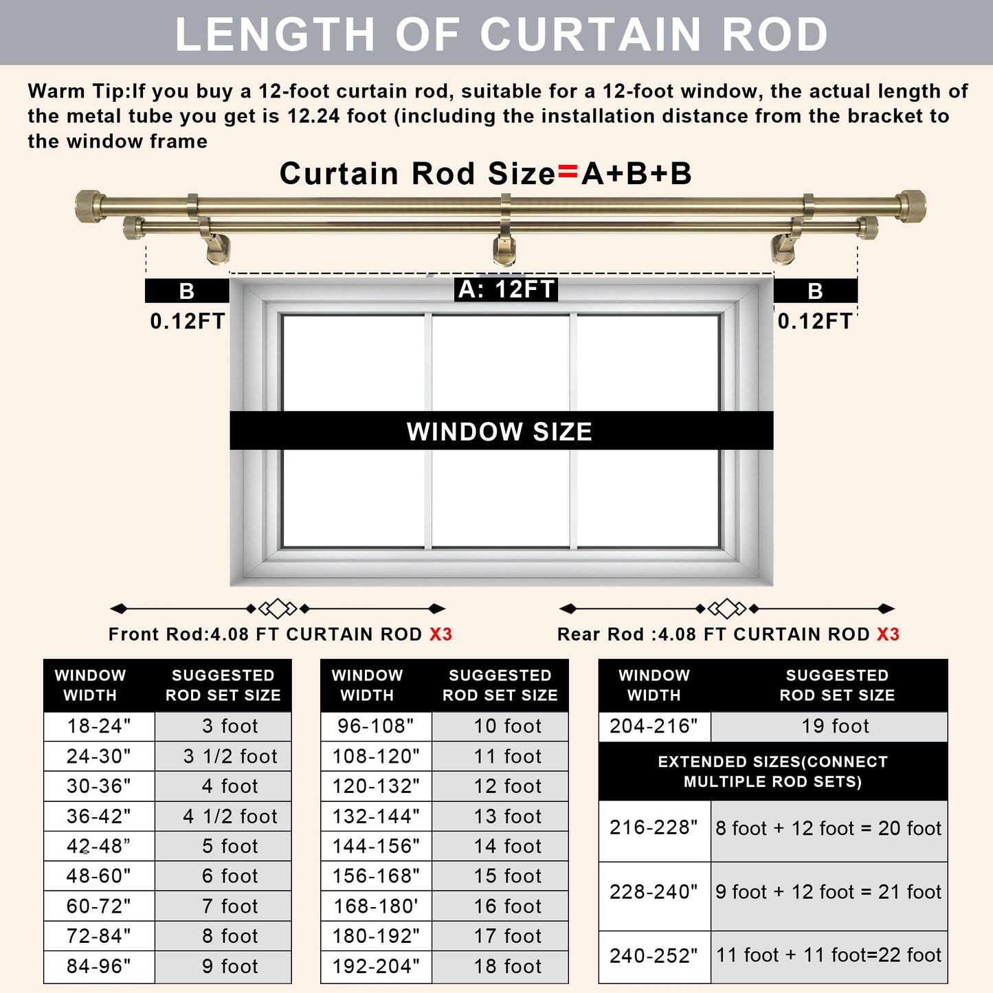 1-1/8 inch Double Curtain Rod - Premium Nonadjustable 144in/12ft Drapery Rods - Heavy Duty Dual Curtain Rods for Windows - Aluminum Finials & Adjustable Concealed Mounting Bracket - Antique Bronze
