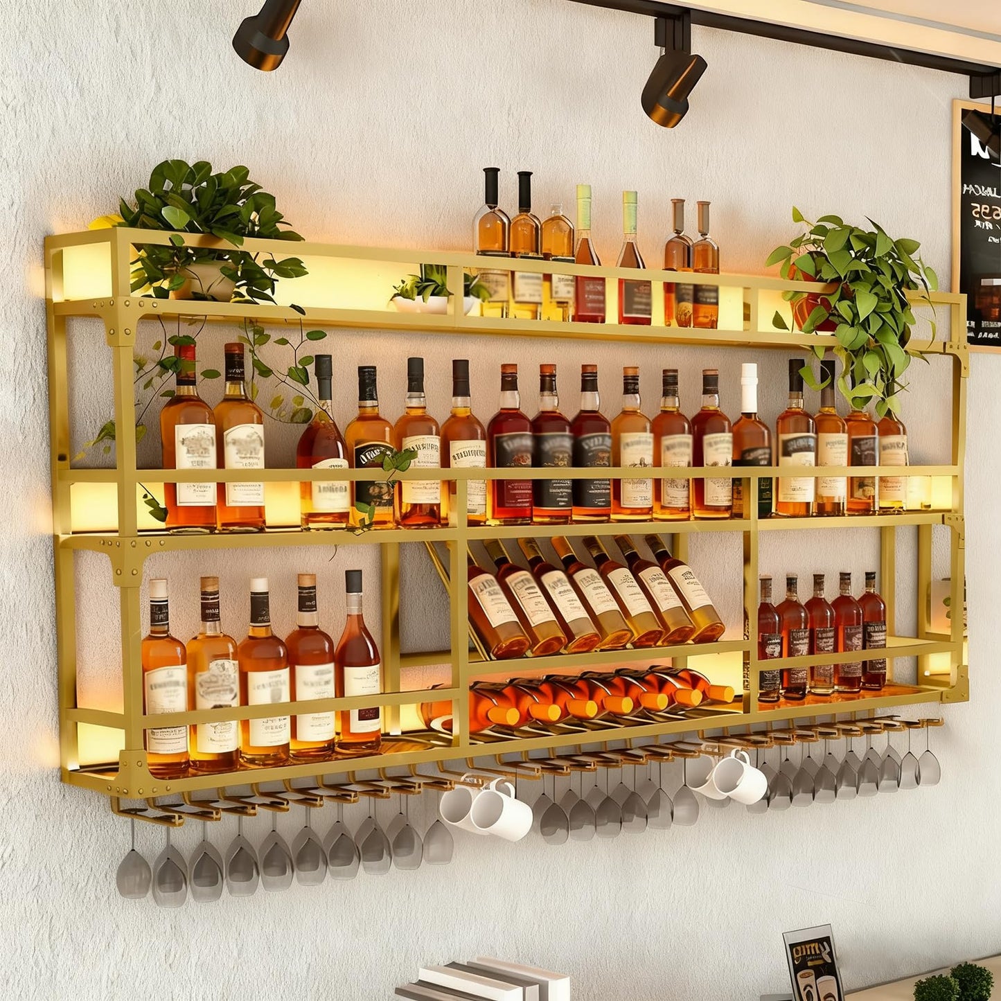 RAJYQODIS 59in Wall Mounted Wine Rack, Floating Industrial Liquor Glass Holder 3 Tiers, Large Metal Wine Bottle Display Rack Hanging Shelf, for Home Bar Dining Room Decorative