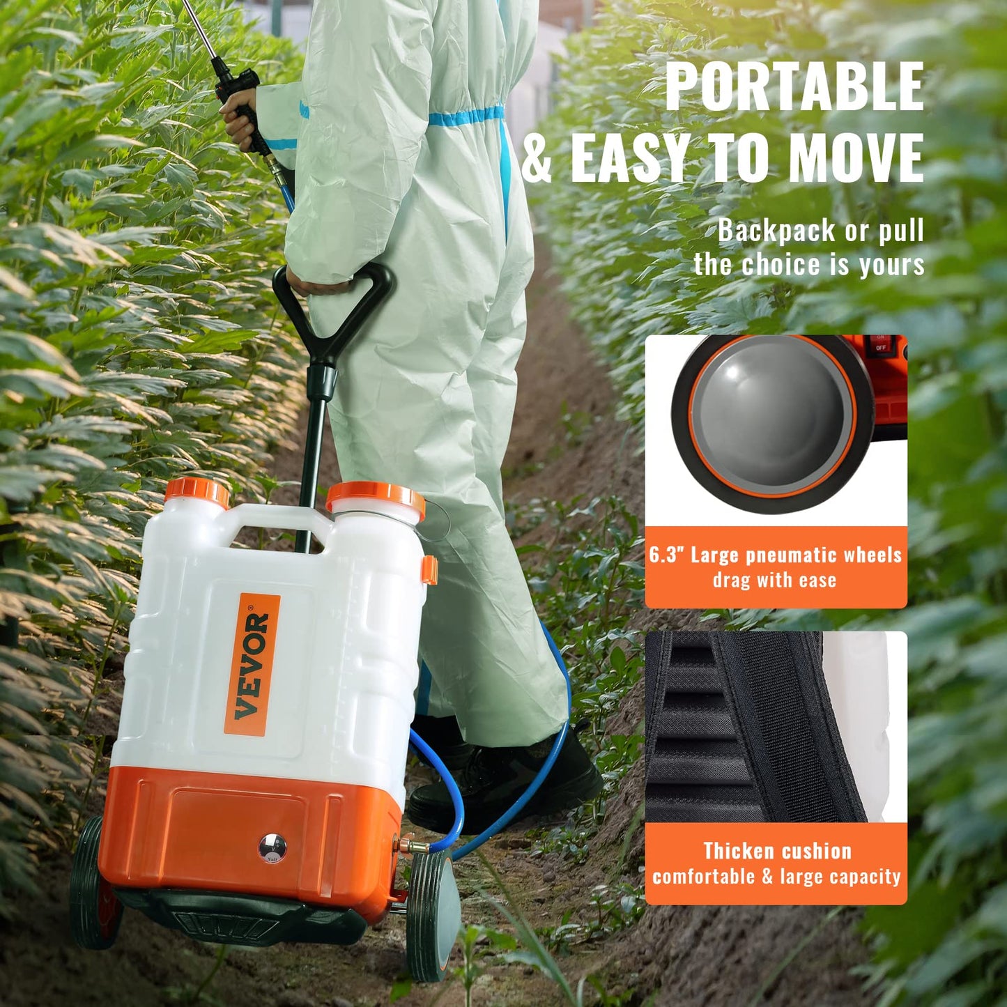 VEVOR 4 Gallon Battery Powered Backpack Sprayer with Wheeled Cart, Adjustable 0-94 PSI, 13FT Hose, 6 Nozzles, 2 Wands Included, Wide Mouth Lid for Weeding, Cleaning, Long Spray Time Without Fatigue