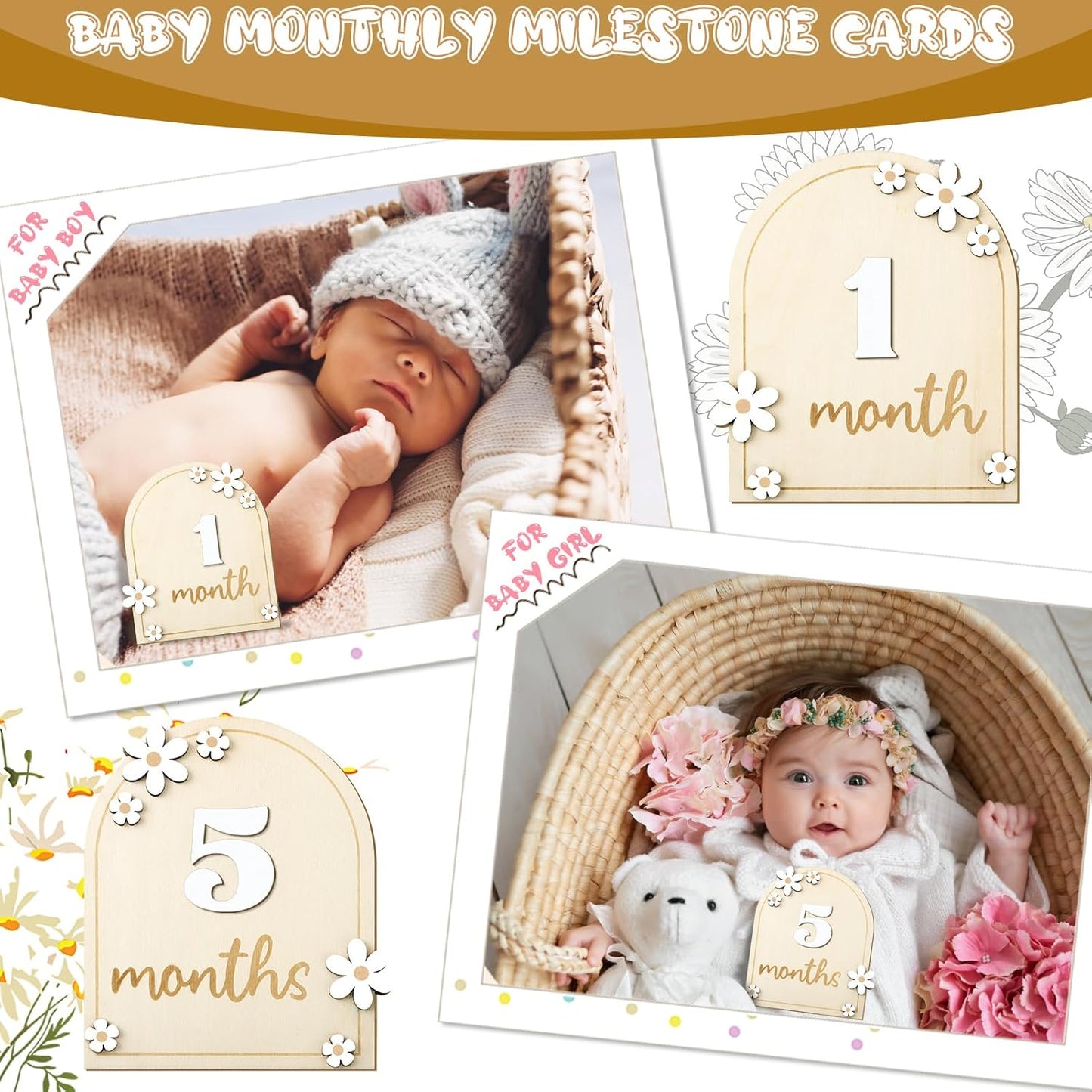 Baby Monthly Milestone Cards with Hello World Newborn Sign, Daisy Baby Milestone Signs Baby Monthly Milestone Wood