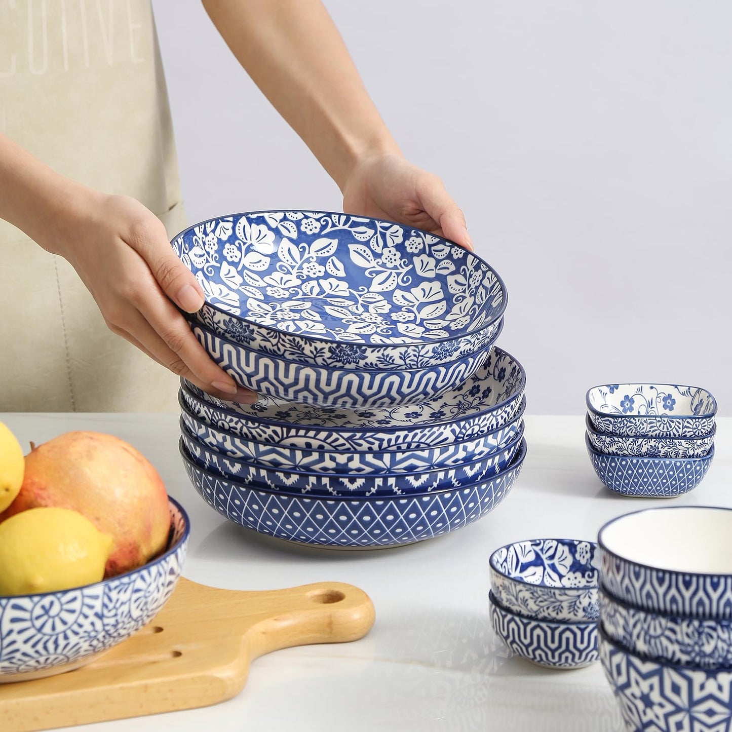 Selamica Ceramic Pasta Bowls Set 34 OZ, Large Salad Bowls 8.6 Inch Dinner Bowls for Kitchen, Wide Shallow Bowls Deep Plates for Pasta Soup, Microwave & Dishwasher Safe, Set of 6, Vintage Blue