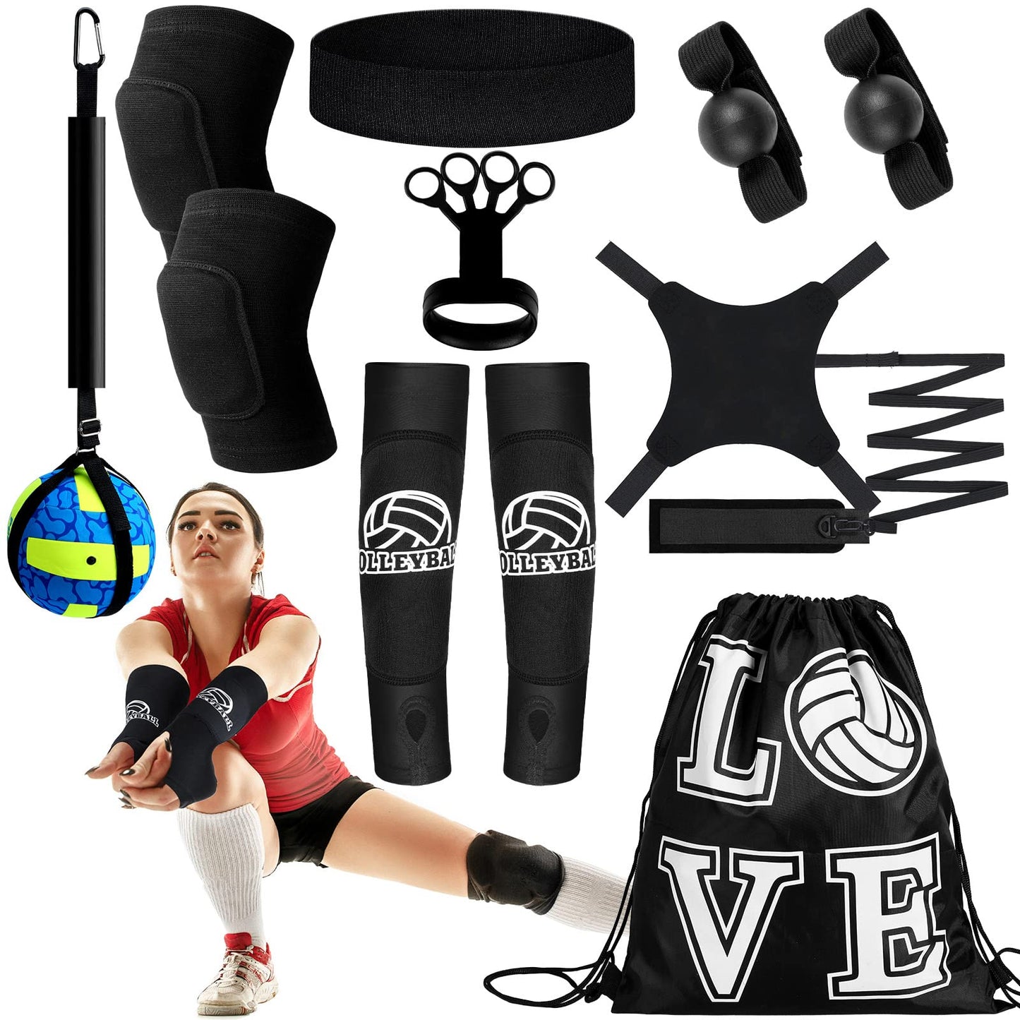 Wettarn 8 Set Volleyball Training Equipment Aid Solo Volleyball Trainer Gift Kit to Practice Serve Include Elastic Resistance Belt Set Spike Trainer Hand Straps Arm Sleeves Knee Pads Backpack Headband