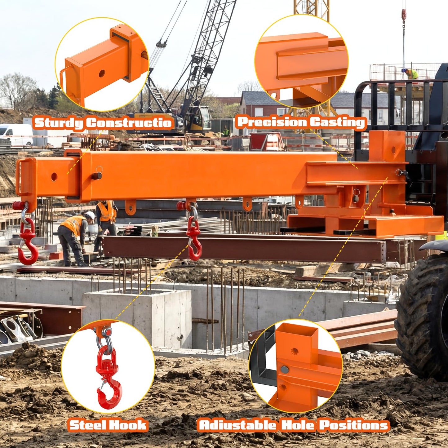Jib Crane 6613 Lbs Boom Lift Fork Mounted Crane Attachment with Adjustable Holes Heavy Duty Steel Construction 2 Swivel Hooks 3 Angle Adjustment 28”to 124”