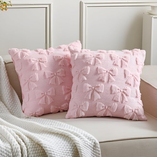 Mixweer Pink Bow Pillow Covers - Set of 2 Soft Faux Fur Decorative Pillowcases for Couch | 18 x 18 Inch