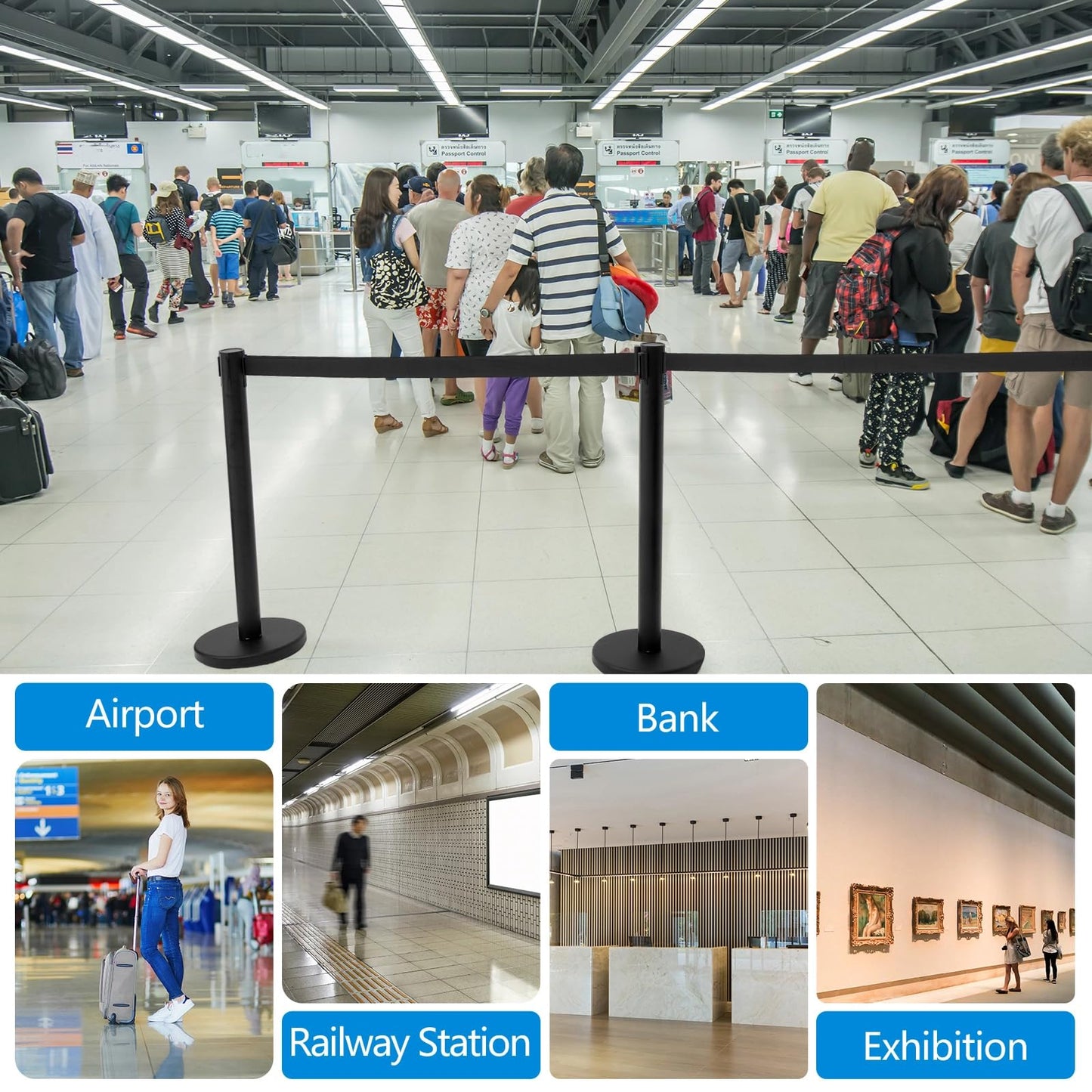 Geelin 12 Pack Heavy Duty Crowd Control Stanchions Stainless Steel Stanchion Set with Safety Barrier Post with Retractable Belt and Sign Holder Crowd Control Barrier (9.8ft,Black)
