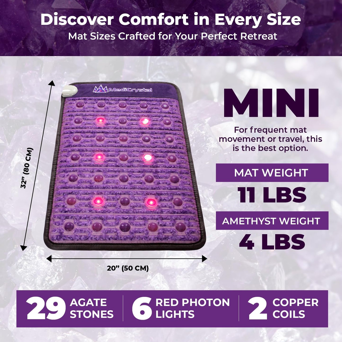 MediCrystal Far Infrared Amethyst Mat - Natural Agates + Photon Red Lights - FDA Registered - Negative Ion - Heating Pad (Mini 32" L x 20”W)