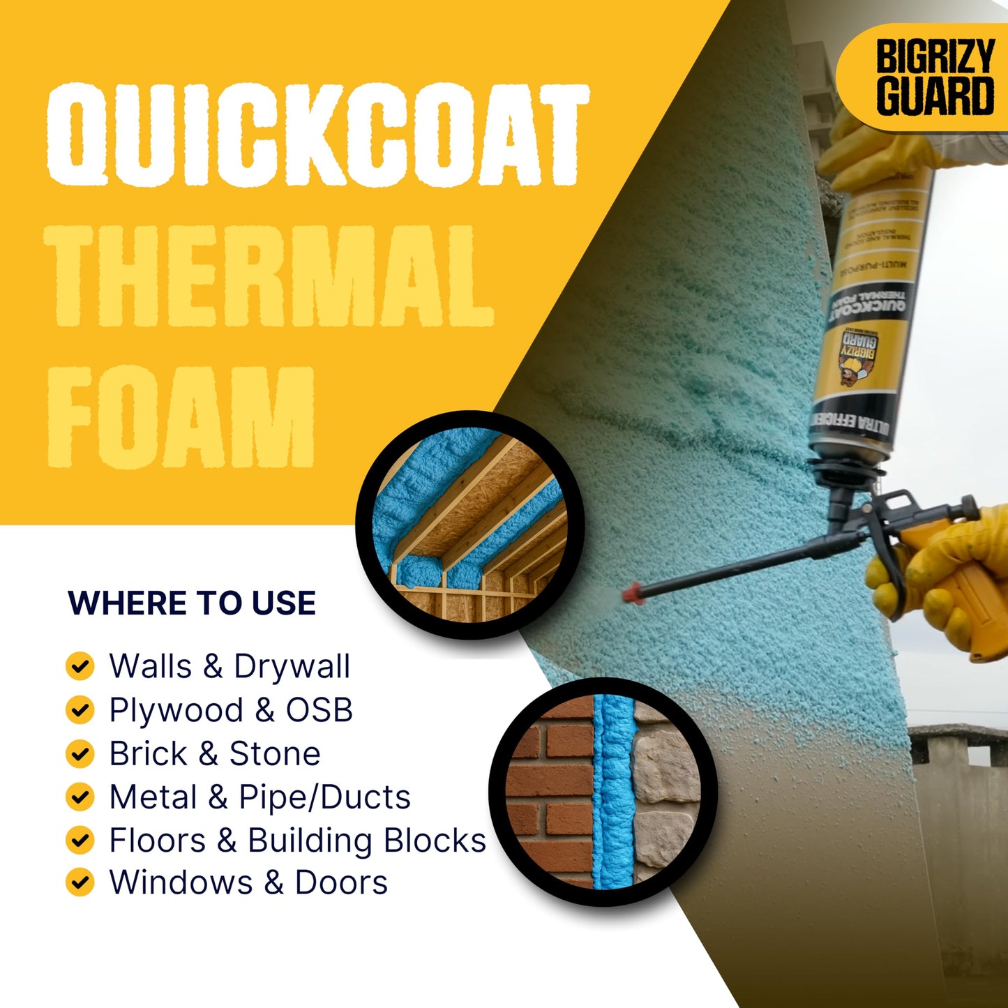 Bigrizy Guard Closed Cell Spray Foam Insulation - 12 Pack, DIY Polyurethane Expanding Insulation Sealant for Garage Door, Attic, Walls - Covers 240 Board Feet (Gun & Cleaner Not Included)