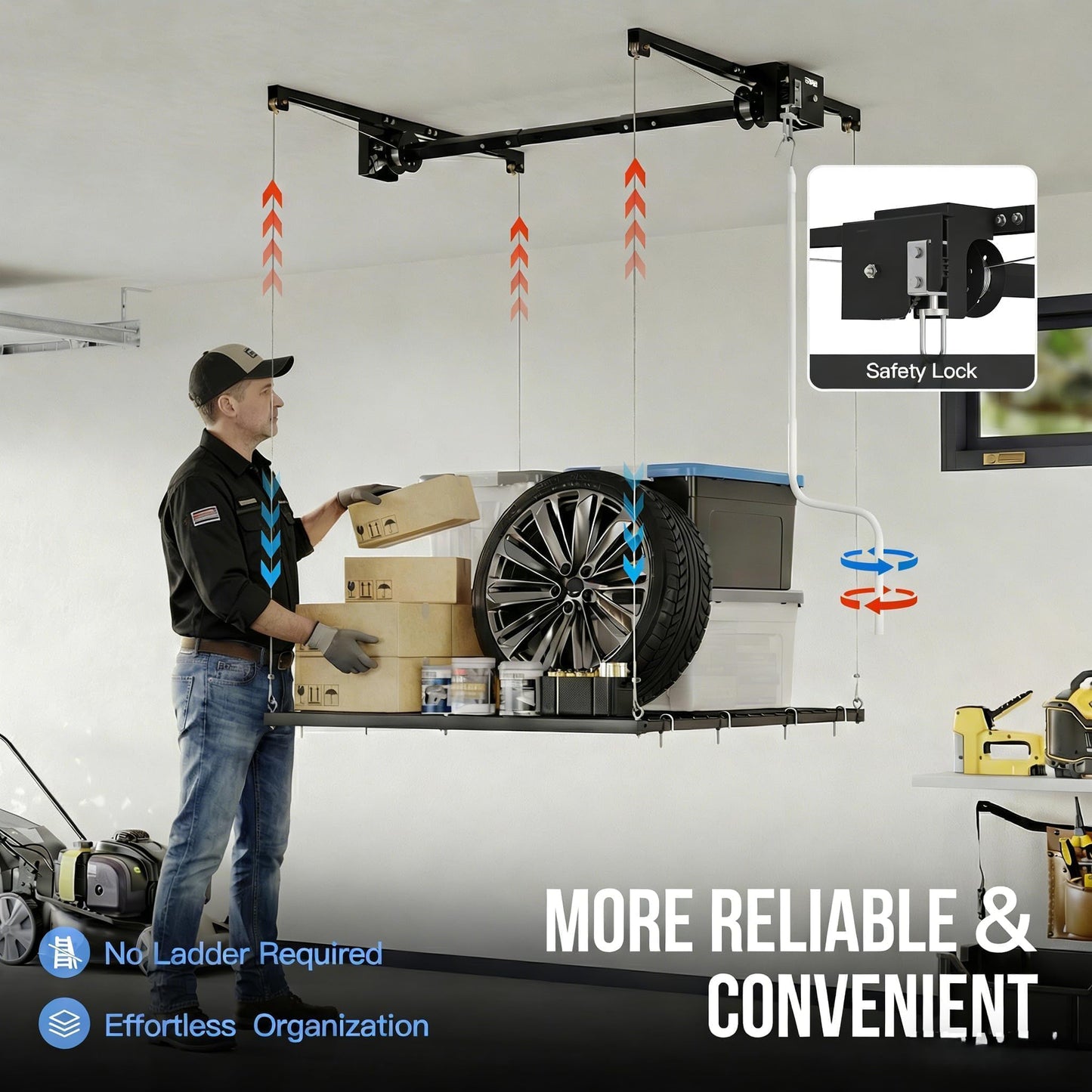 ExploreHorizon 4x4 FT Overhead Garage Lifting Storage Rack, 350 lbs Capacity & 79" Lifting, Metal Garage Ceiling Rack, Adjustable Storage System with Safety Lock