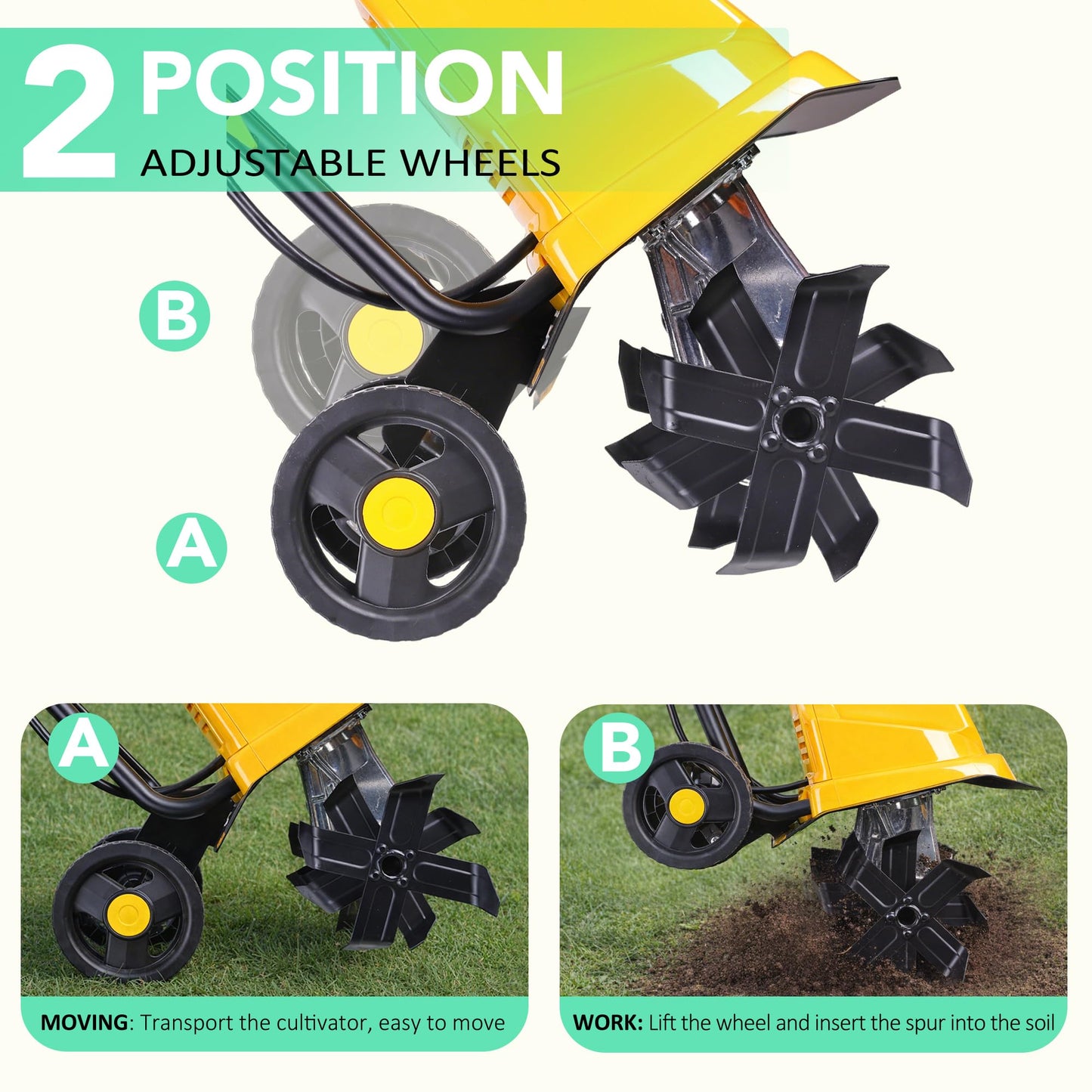 IncwBo Electric Tiller/Cultivator 4 Steel Tines, Garden Roto Tillers for Gardening, 15Amp 12 Inch Corded Rototiller with Adjustable Wheels
