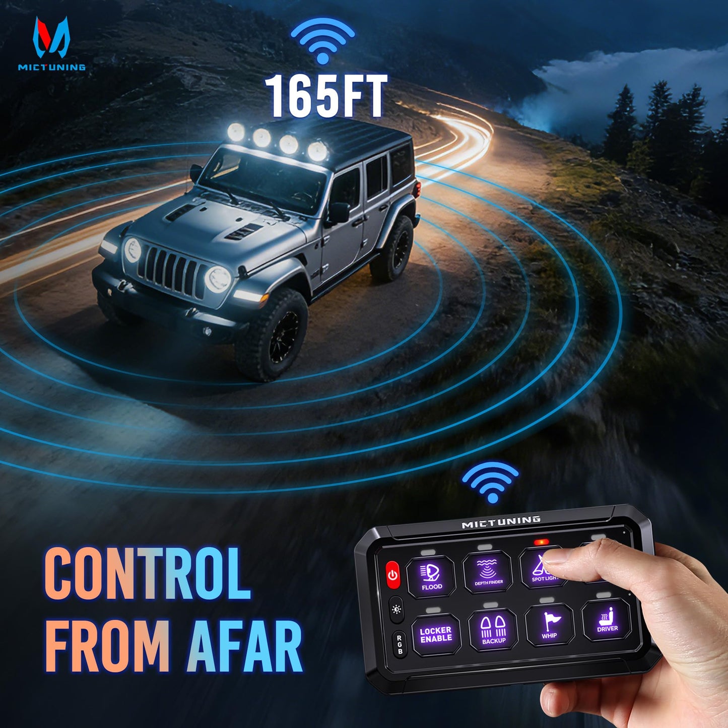 MICTUNING P1s-AC Wireless RGB 8 Gang Switch Panel, 433MHz Remote Control Range Up to 165FT Plug and Play 12V Multifunction Toggle Momentary Strobe Pulsed Circuit Control Relay System Box for Car RV