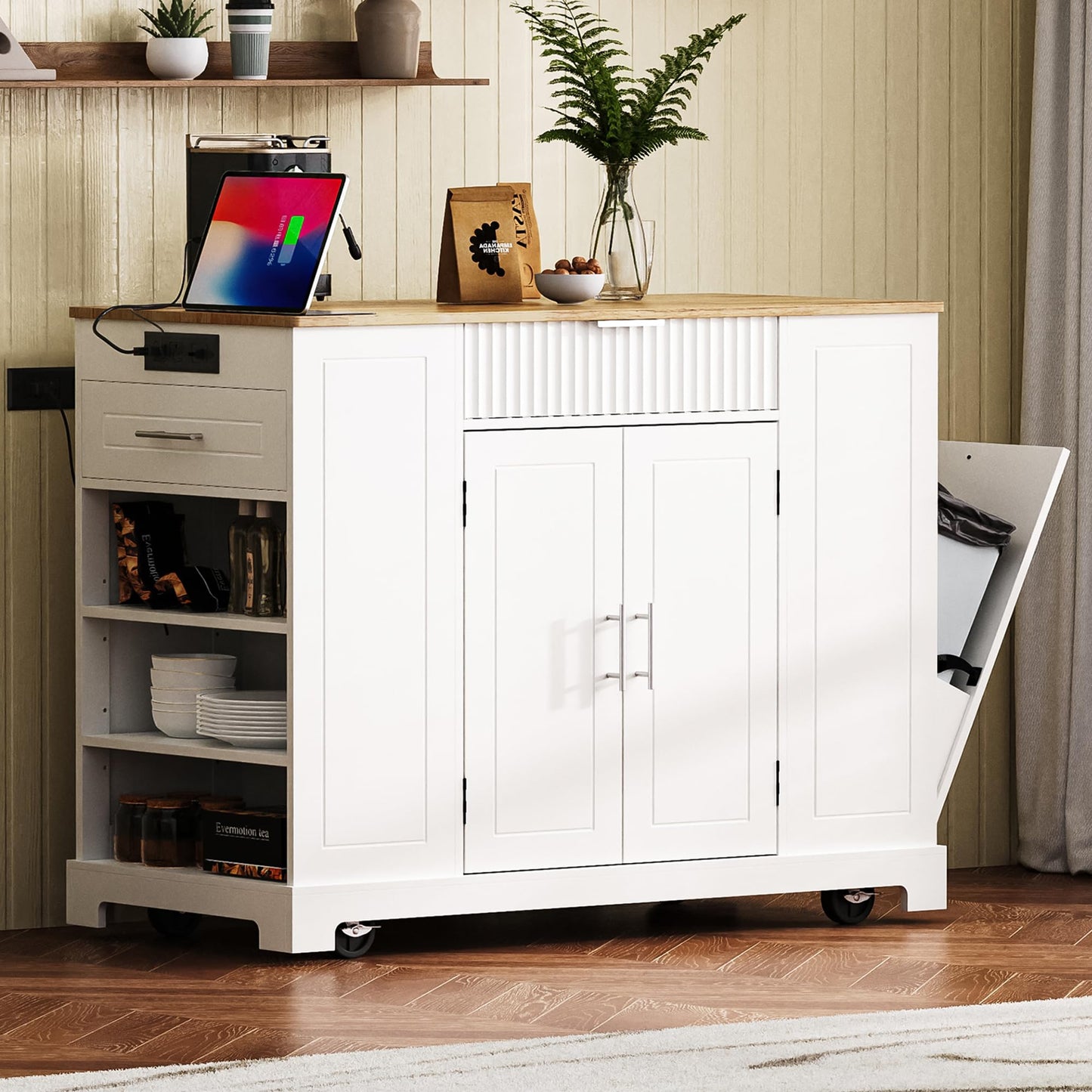Amposei Modern Kitchen Storage Island with Trash Can Cabinet & Power Outlet, Rolling Kitchen Island Cart on Wheels with Open Side Shelves and Towel Rack, 53-Inch, White