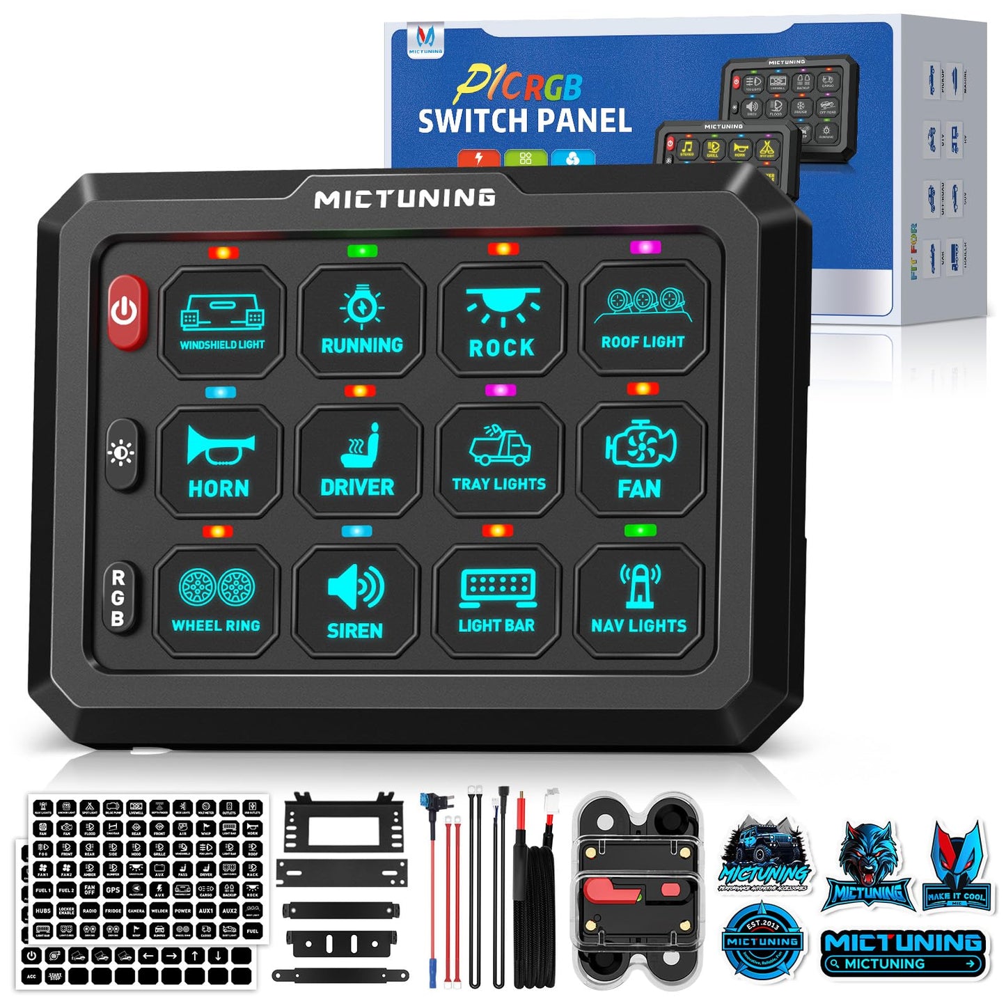 MICTUNING P1C+ RGB 12 Gang Switch Panel, IP67 Waterproof 6 Level Brightness Multifunction Toggle Momentary Flash Strobe Circuit Control Relay System Box for Off Road Truck SUV UTV RV