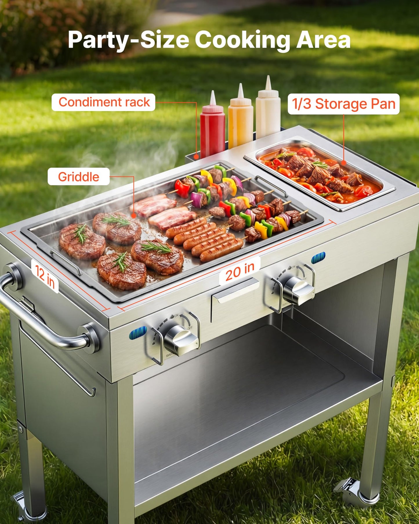 VEVOR Outdoor Propane Griddle, 2 Burners (11,600 BTU Each), Commercial Stainless Steel Gas Griddle Cart with 4 Lockable Wheels, 1/3 Food Pan, Easy-Grip Side Handle, Ideal for Hot Dogs, Burgers & Meats