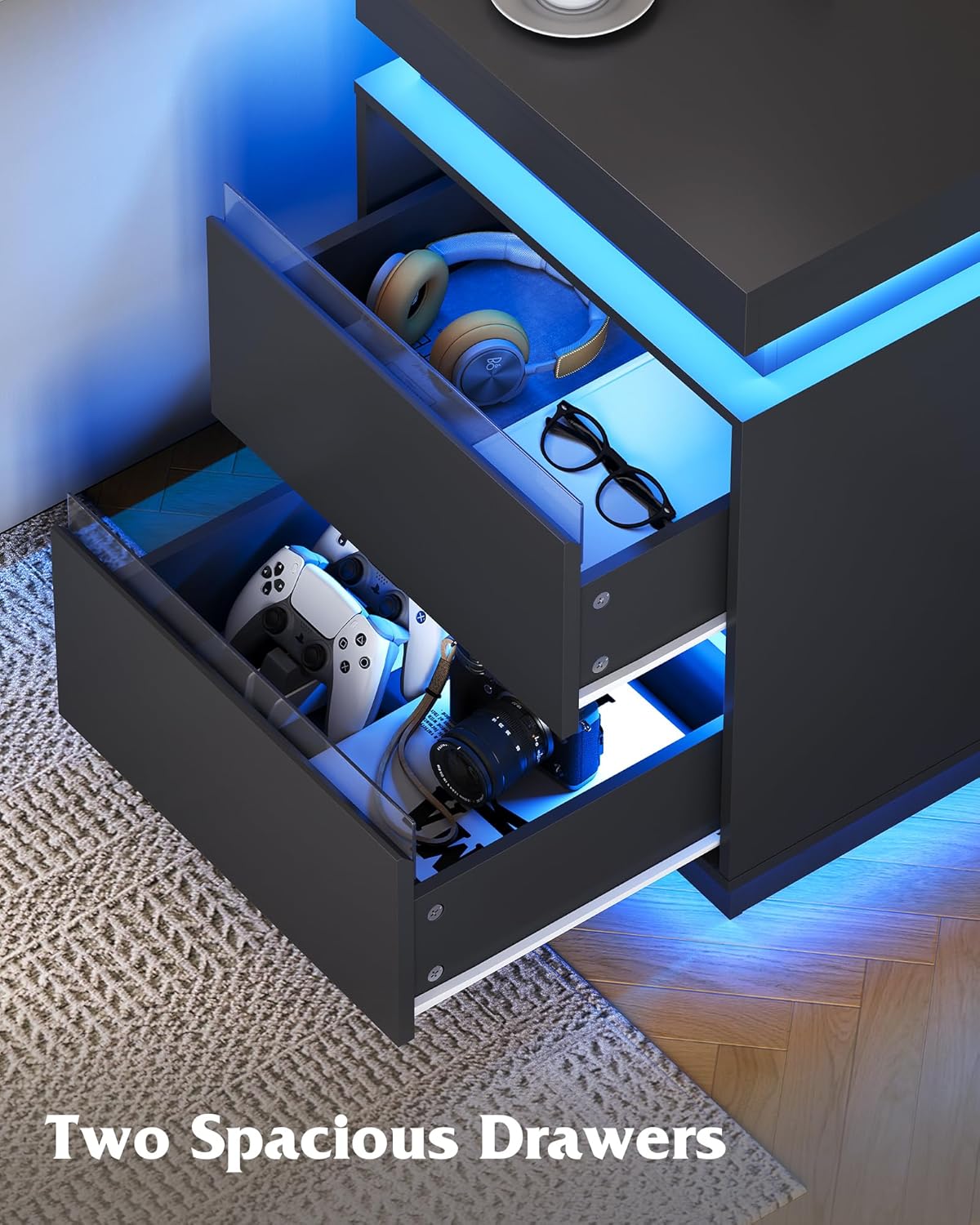 WLIVE Tall Black Nightstand - Modern Bedside Table with LED Lights & Charging Station | 2 Wooden Drawers