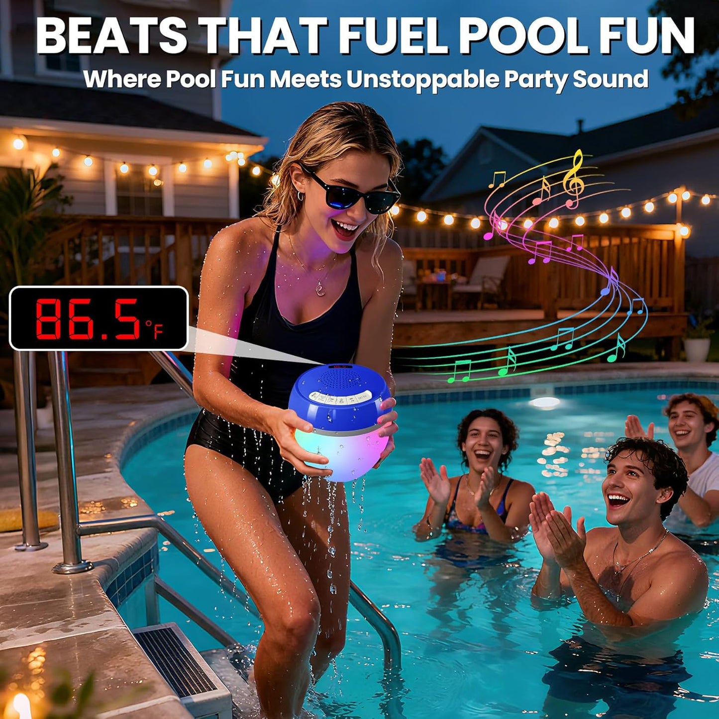 LanAqua 3 1 IP68 in Bluetooth Pool Speaker with Digital Thermometer, Floating Pool Speaker with Colorful Lights,Hot Tub