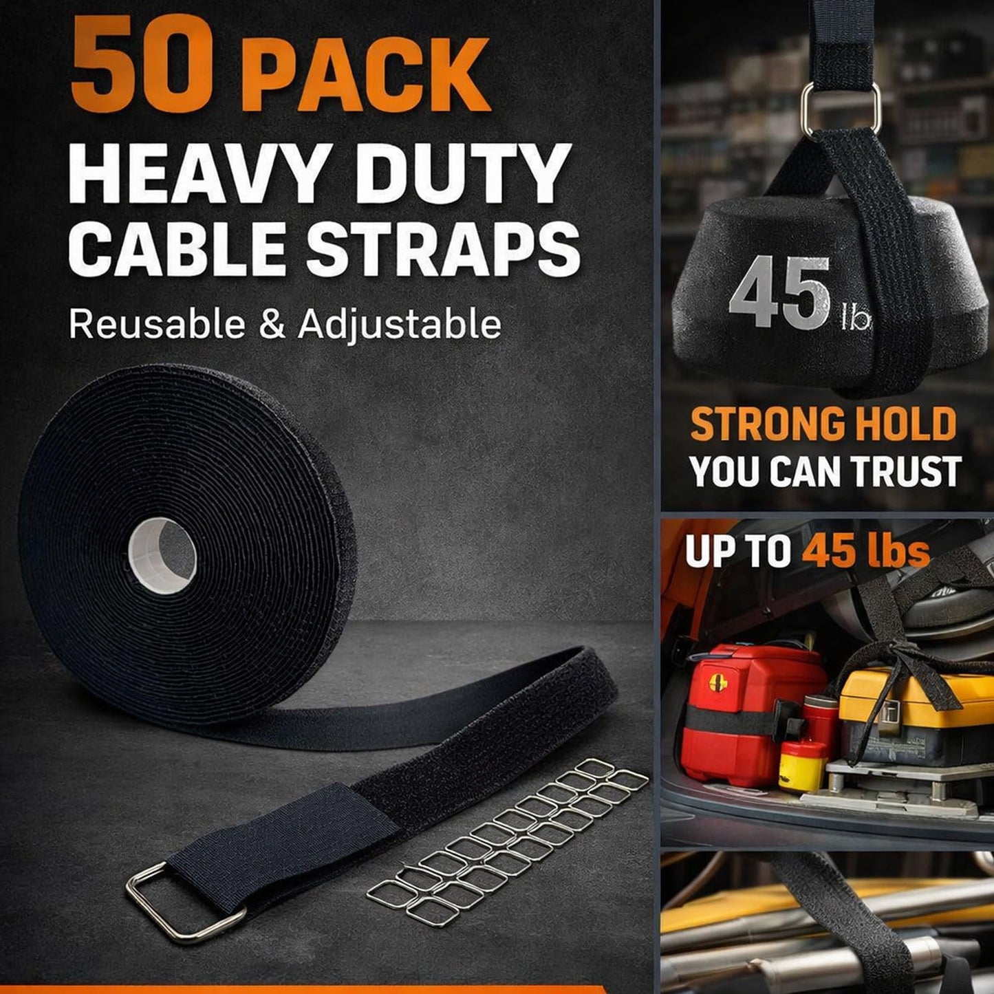 1" x 32ft Heavy Duty Hook and Loop Straps with 50 Metal Buckles, Adjustable Reusable Cinch Straps, Nylon Cut-to-Length Long Cable Straps and Cord Ties Roll for Storage and Cord Organizer, Black