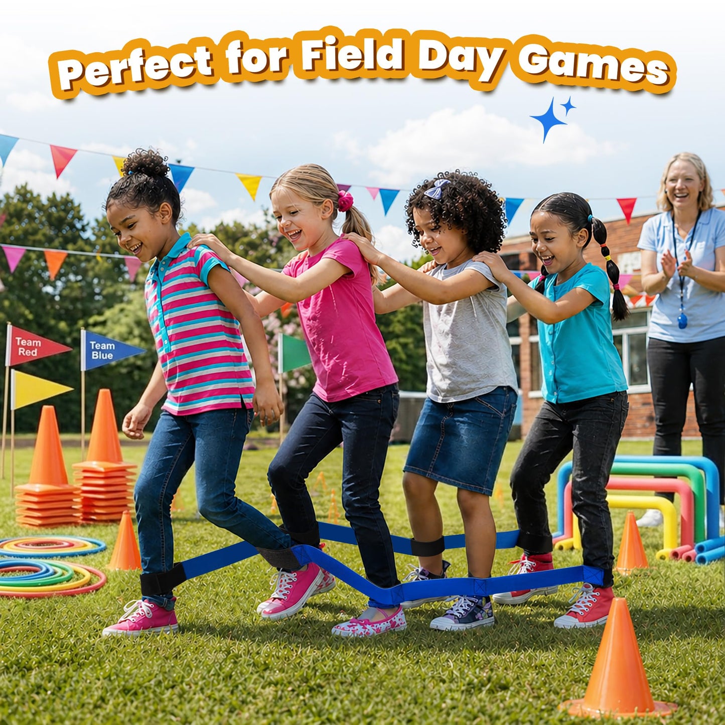 InstaBottle 3 Legged Race Bands, Field Day Games for Adults, Outdoor Games for Carnival, Family Reunion & Backyard Party,Team Building Relay Race for 6 Players (2pk, Blue & Red)