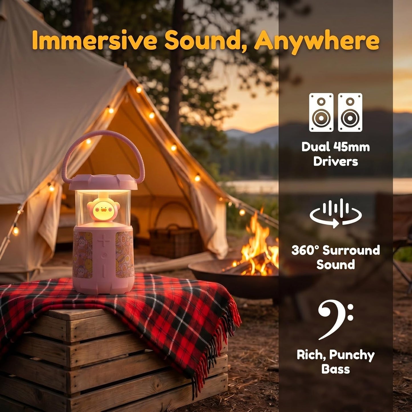 wocdwocd 45mm 16W, 3600mAh 20H IP45 Cute Cartoon Bluetooth Speaker with LED Night Light, Dual Stereo Rechargeable, Long