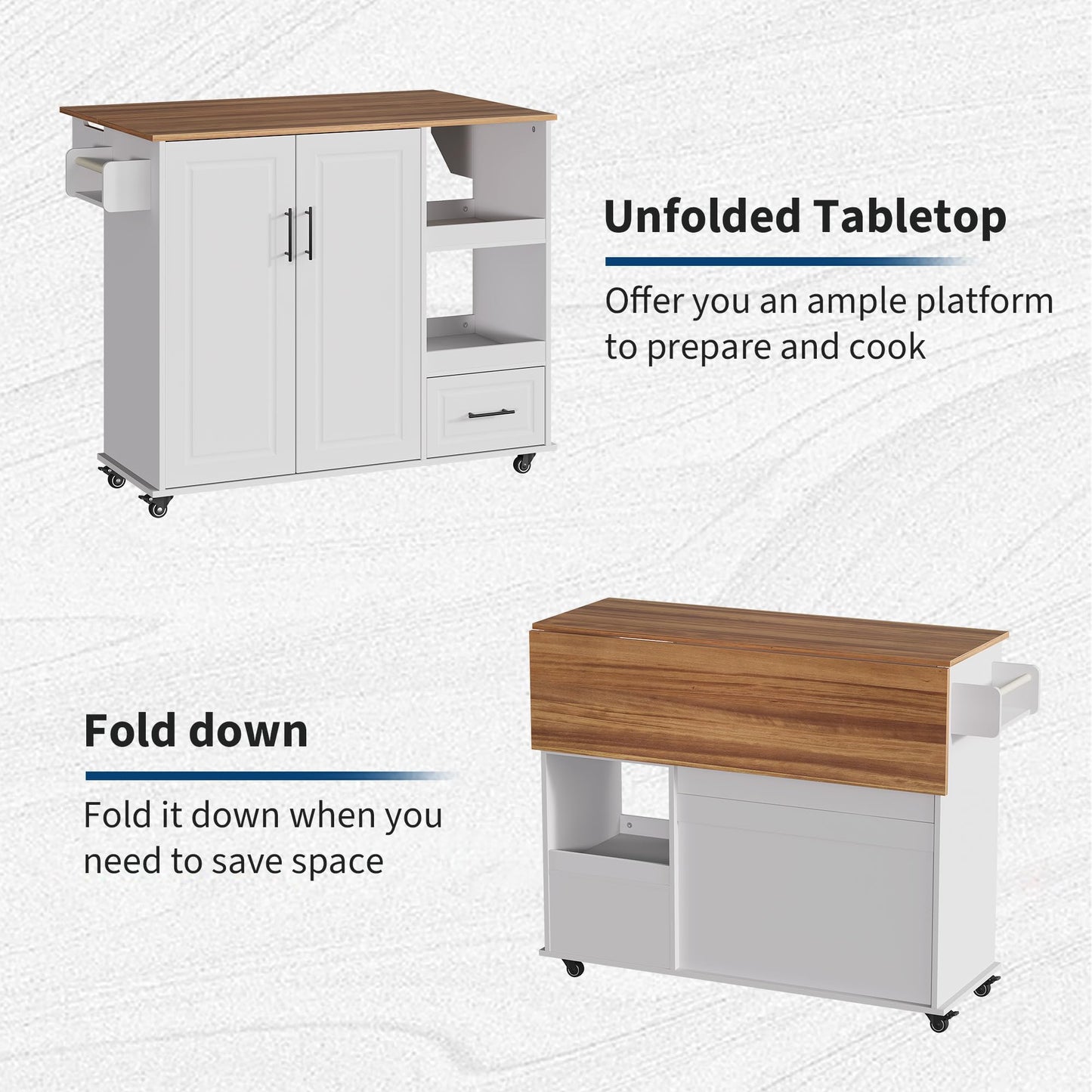 Garvee Rolling Kitchen Island on Wheels, 48'' Mobile Kitchen Cart with Drop Leaf, Butcher Block Island with Open Shelf, Drawer, Spice Rack, Wood Top, and Lockable Wheels
