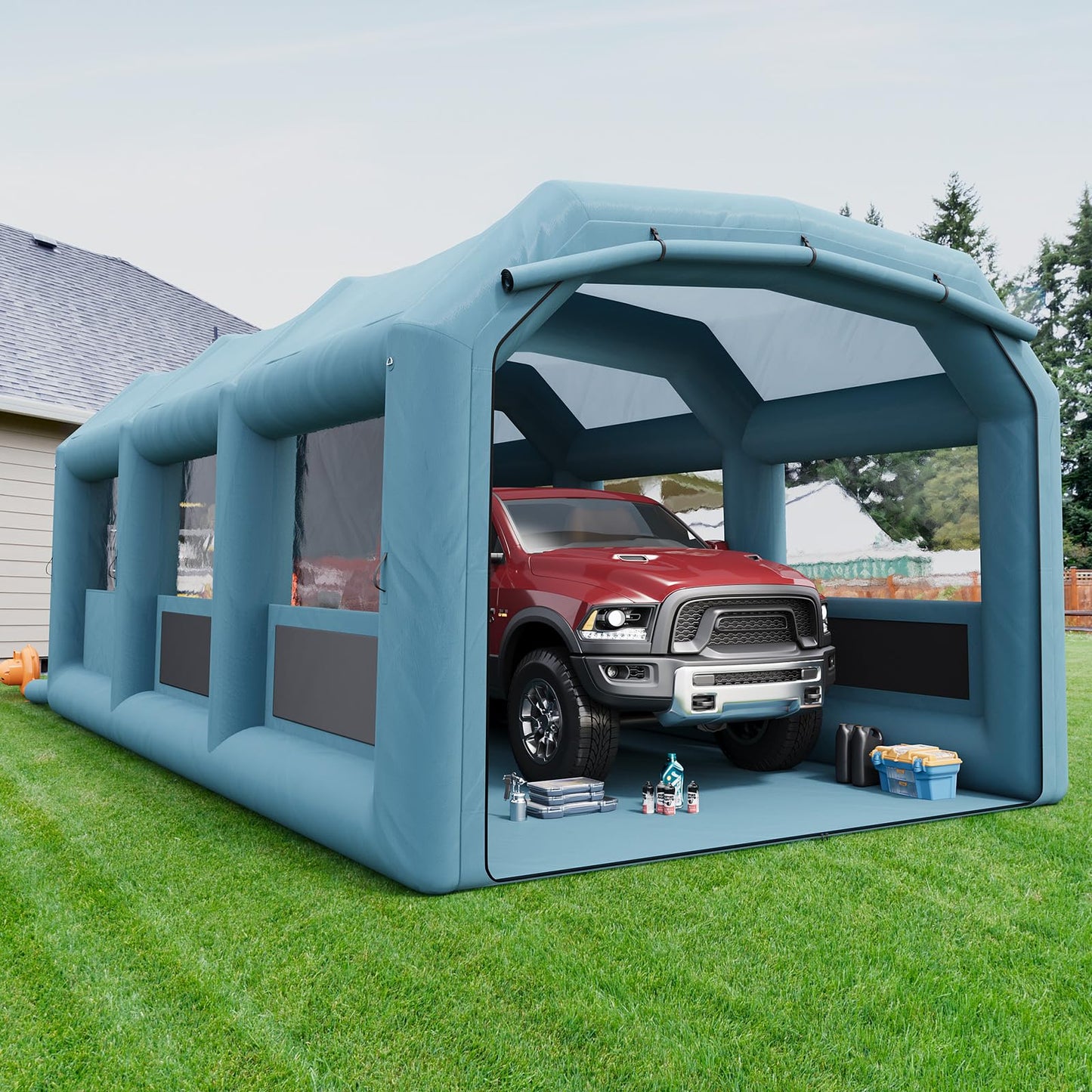 26x15x11Ft Inflatable Paint Booth, Portable Paint Spray Booth with 550W+750W Blower and Air Filter System, Inflatable Spray Booths for DIY Painting Car Truck Garage Furniture Parts Paint Renovation