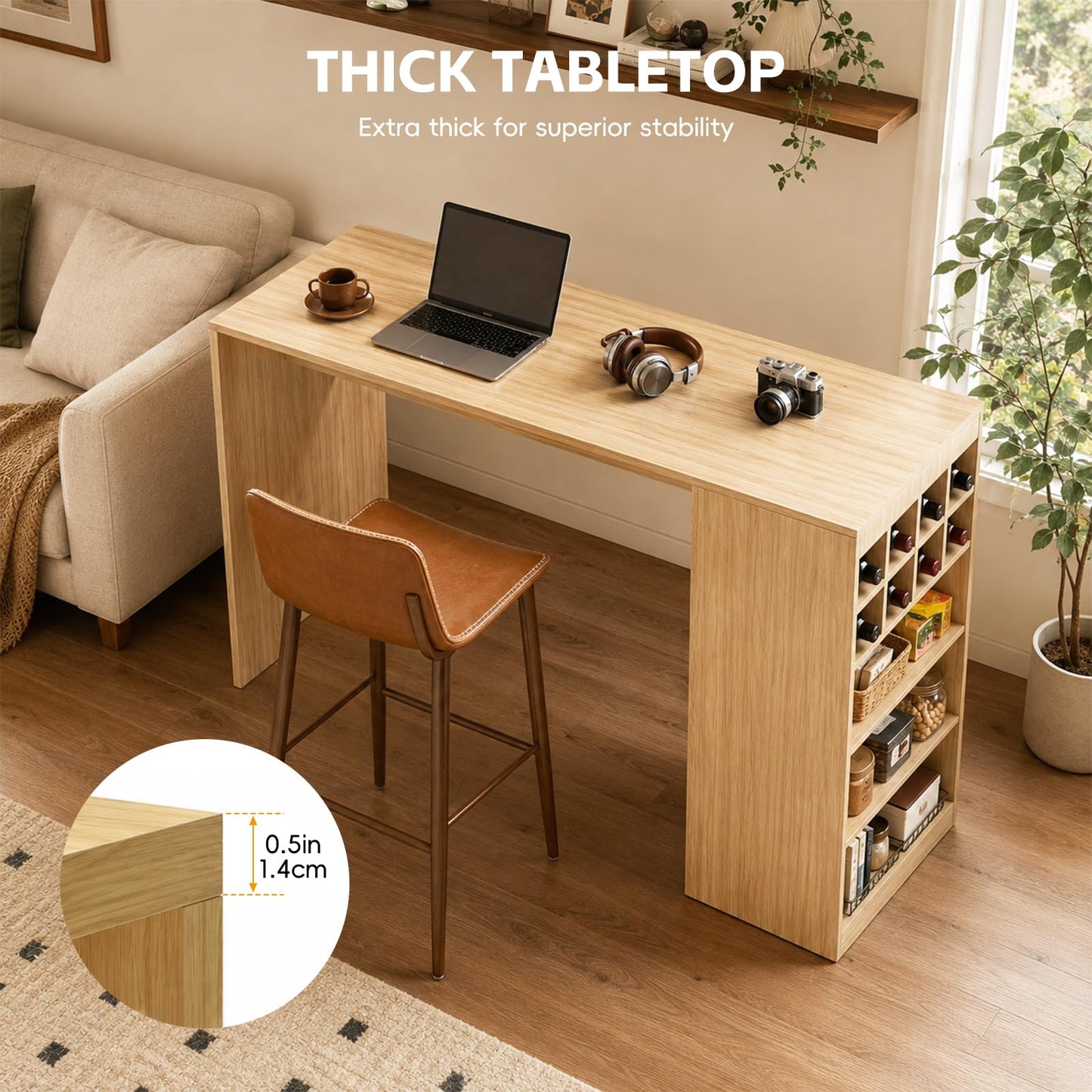 LHIUGE Kitchen Island with Storage, Fluted Counter Height Table, Home Bar Tables with Wine Rack and Drawers,Mid-Century Modern Kitchen Island Table for Kitchen, Dining Room, Living Room