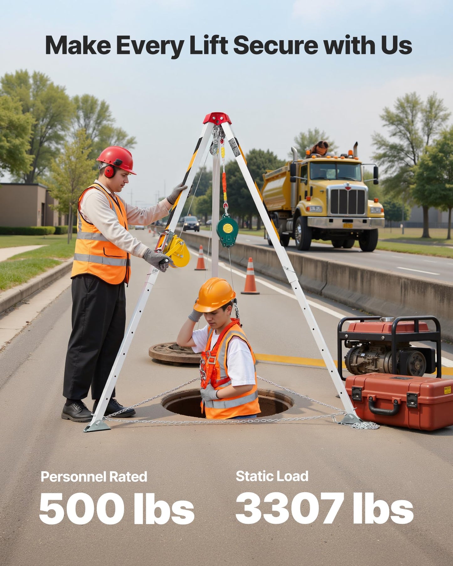 VEVOR Confined Space Tripod Kit, Heavy Duty Rescue Tripod Lifting Hoist 1200 lbs Winch, 4.1 ft Adjustable Legs, 98.5 ft Cable Portable Kit, 32.8 ft Fall Protection, 4.40-7.05 ft Working Height