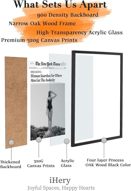 iHery Premium Natural Black Oak Wood Framed Wall Art - Retro Woman Canvas Decor 12x16in for Girly Dorm & Living Room
