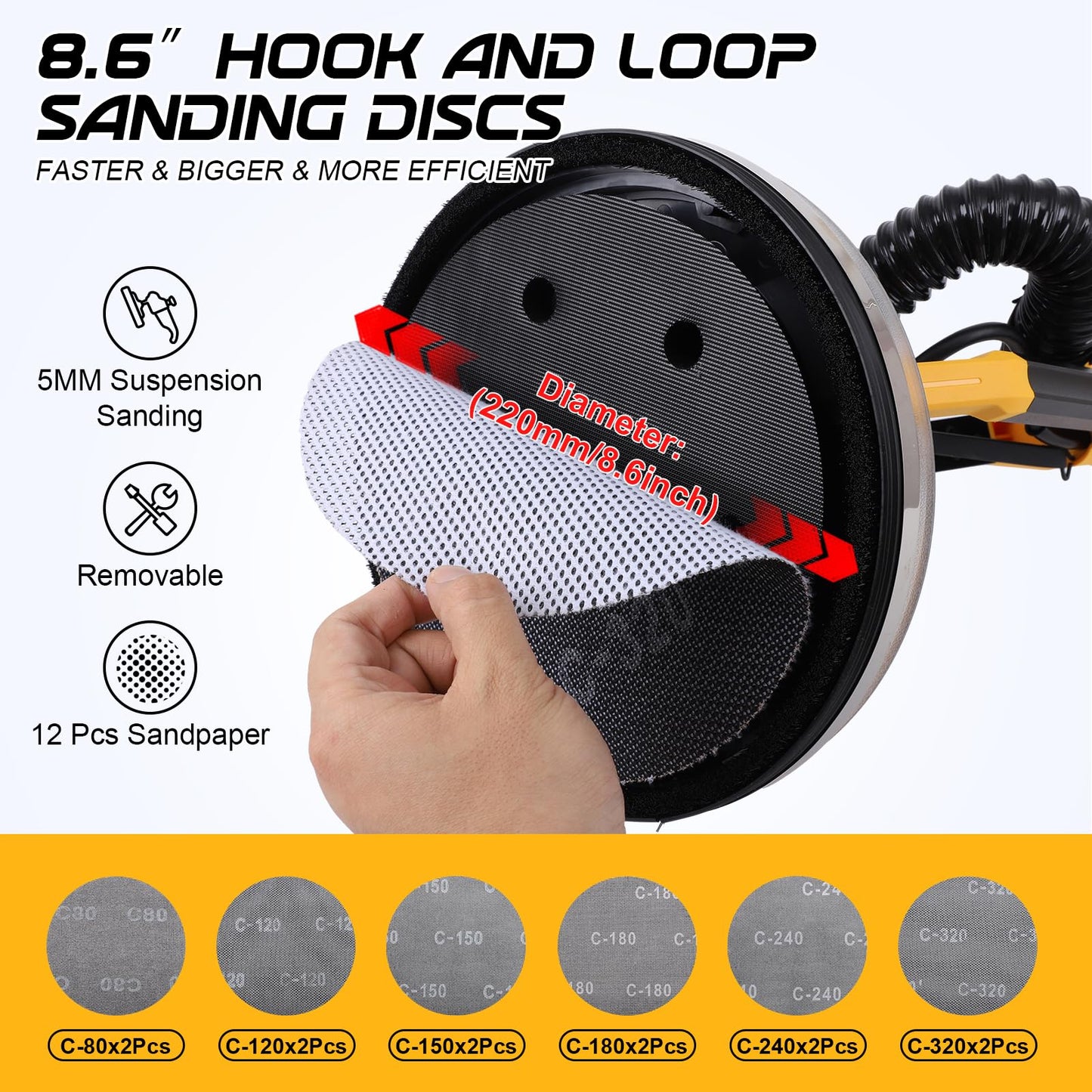 Gyfent Brushless Drywall Sander, 1200W 10-Amp Popcorn Ceiling Removal Tool with 800-2200RPM 8 Variable Speed 12pcs Sanding Discs Drywall Sander with Vacuum Dust Collector LED Light for Ceiling Sanding