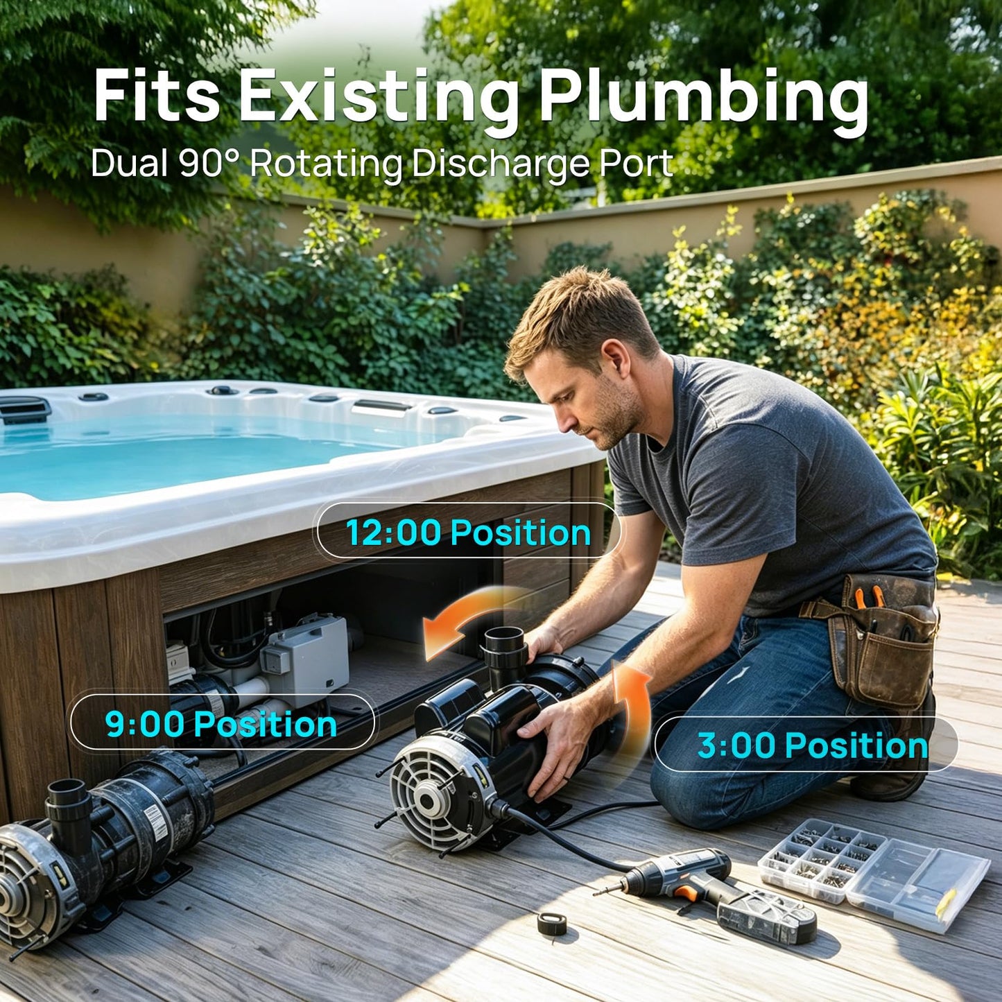 Aquastrong SPA Pump, Dual Speed Hot Tub Pump, Pure Copper Motor, Low Noise, Easy Installation with 1.5" & 2" Adapters, 90° Rotating Inlet & Outlet, Compatible with Hot Tubs & Spa Systems, Matte Black