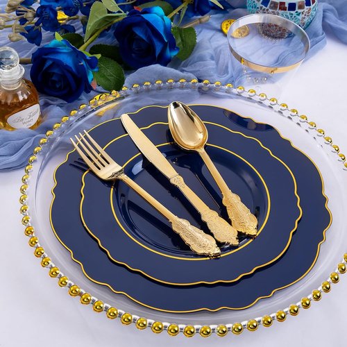 Liacere 350PCS Navy Blue Plastic Plates - Elegant Disposable Dinnerware Set for 50 Guests with Napkins & Silverware