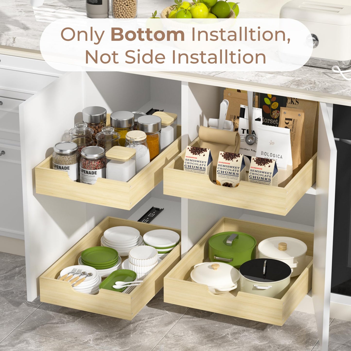 COOLBEBE Pull Out Cabinet Organizer, Soft Close Pull Out Drawers for Cabinets, 19" W x 21" D Solid Wood Slide Out Cabinet Drawers in Kitchen, Pantry, Bathroom, Bottom Assembly