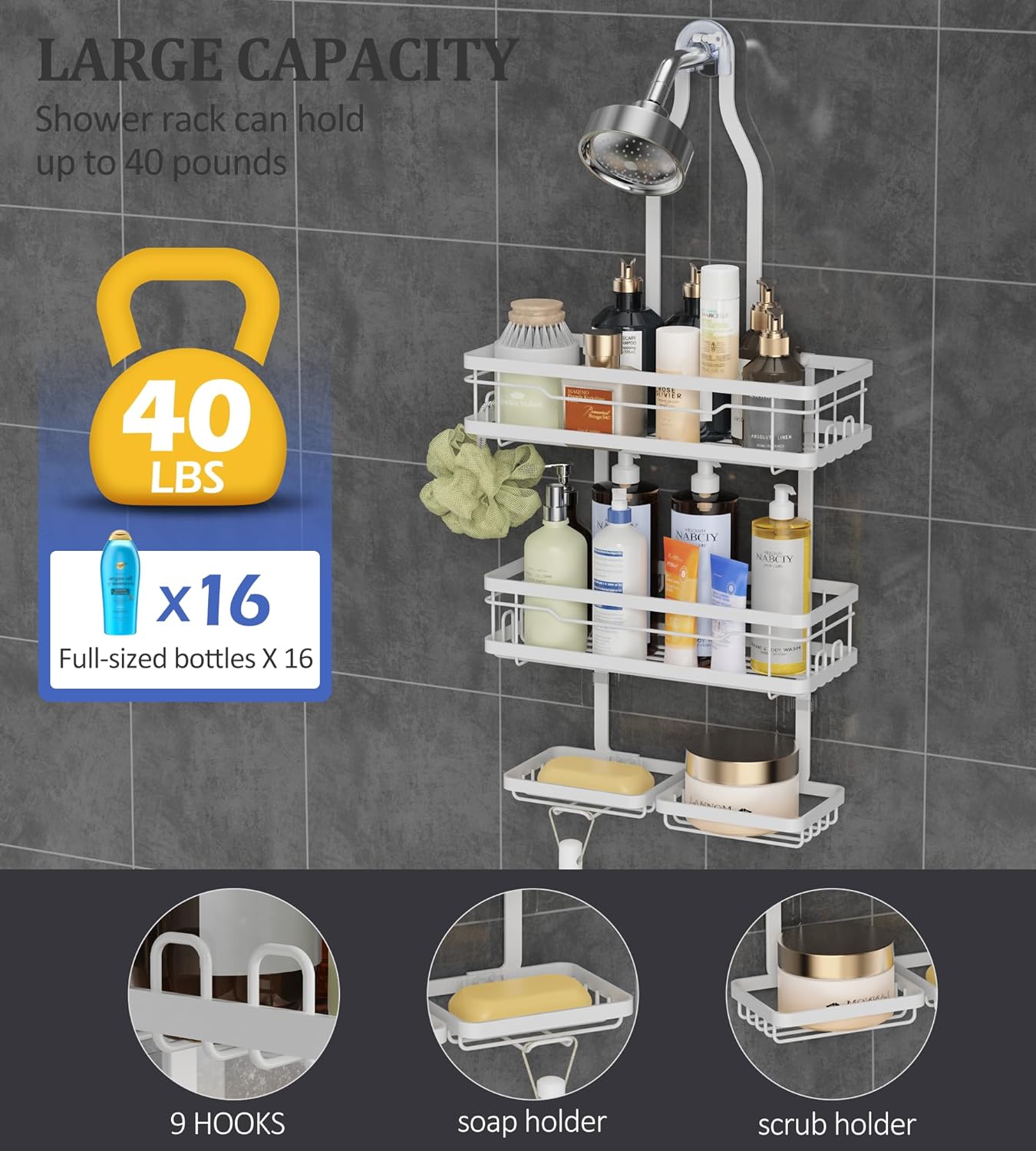 OMAIRA Shower Caddy - Adjustable Stainless Steel Organizer with Soap Holder | Large Capacity, No Drilling, White