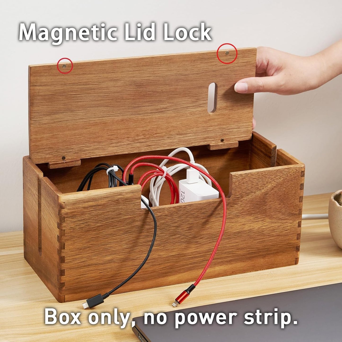 LiTY Acacia Wood Cable Management Box, Wooden Cord Hider & Organizer for Power Strip, Electrical Hiding, TV Wires, Desk
