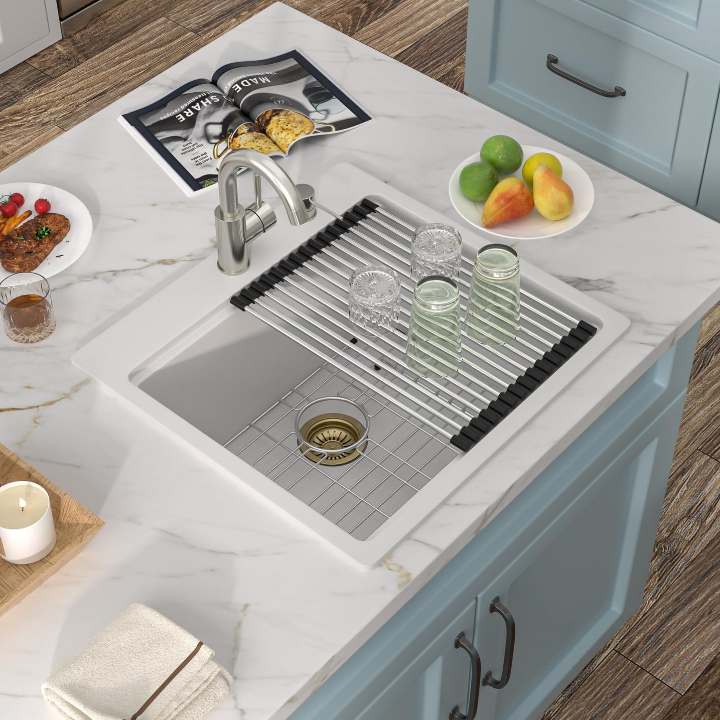 Fulorni 21"×20" Drop In Wet Bar Sink Workstation - White Granite Composite Quartz Classic Top Mount Single Bowl Outdoor Kitchen Bar Prep RV Sink Basin