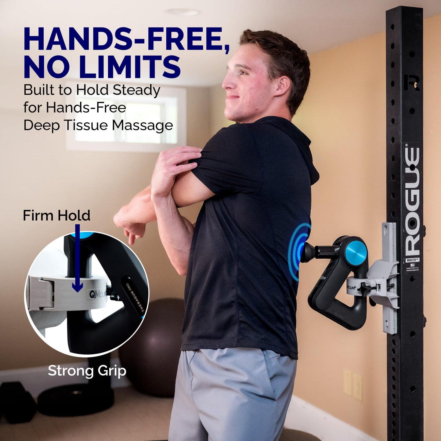QMount Massage Gun Holder & Rack Mount – Hands-Free for Full Body Muscle Recovery – Fully Adjustable Massage Gun Wall Mount Holder – Heavy Duty, No-Slip, Supports Deep Massaging (Rack Mount)