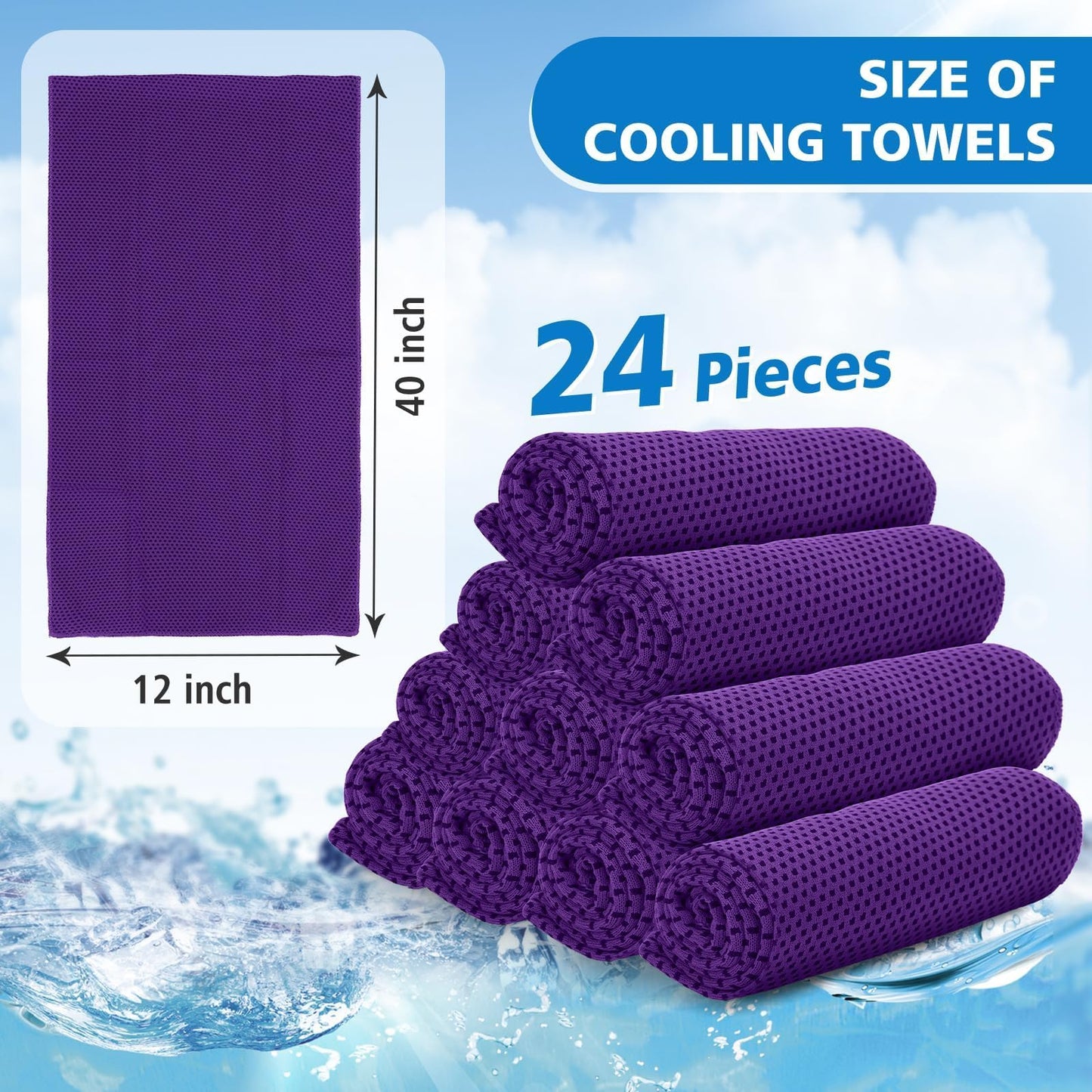 PJPSAA 24 Pack Cooling Towels Bulk for Neck and Face 40"x12" Ice Cooling Sweat Rags Microfiber Soft Breathable Soft Chilly Towel for Yoga Golf Sport Running