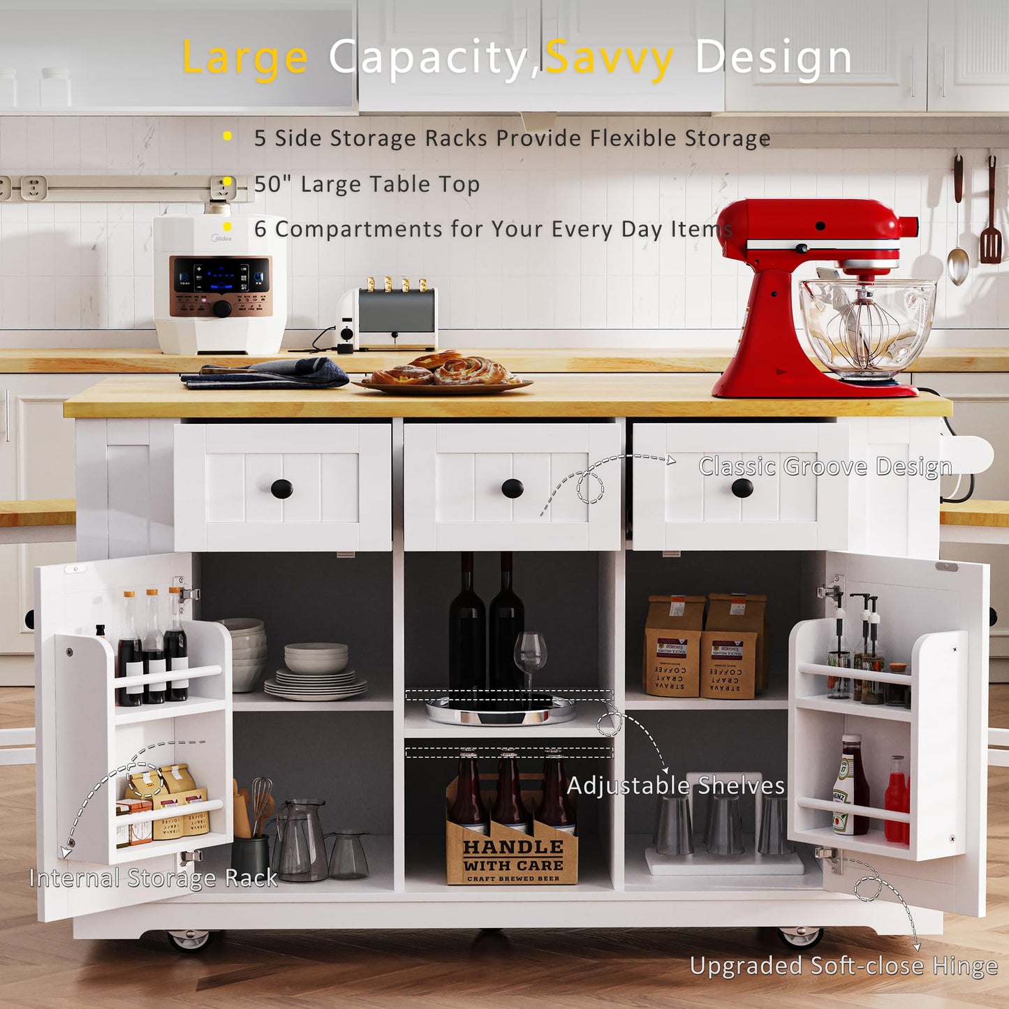 Kitchen Storage Island on Wheels with Drop Leaf & Power Outlet, Rolling Kitchen Island Cart with Open Side Racks, Door Shelves and Towel Bar, 53-Inch, White