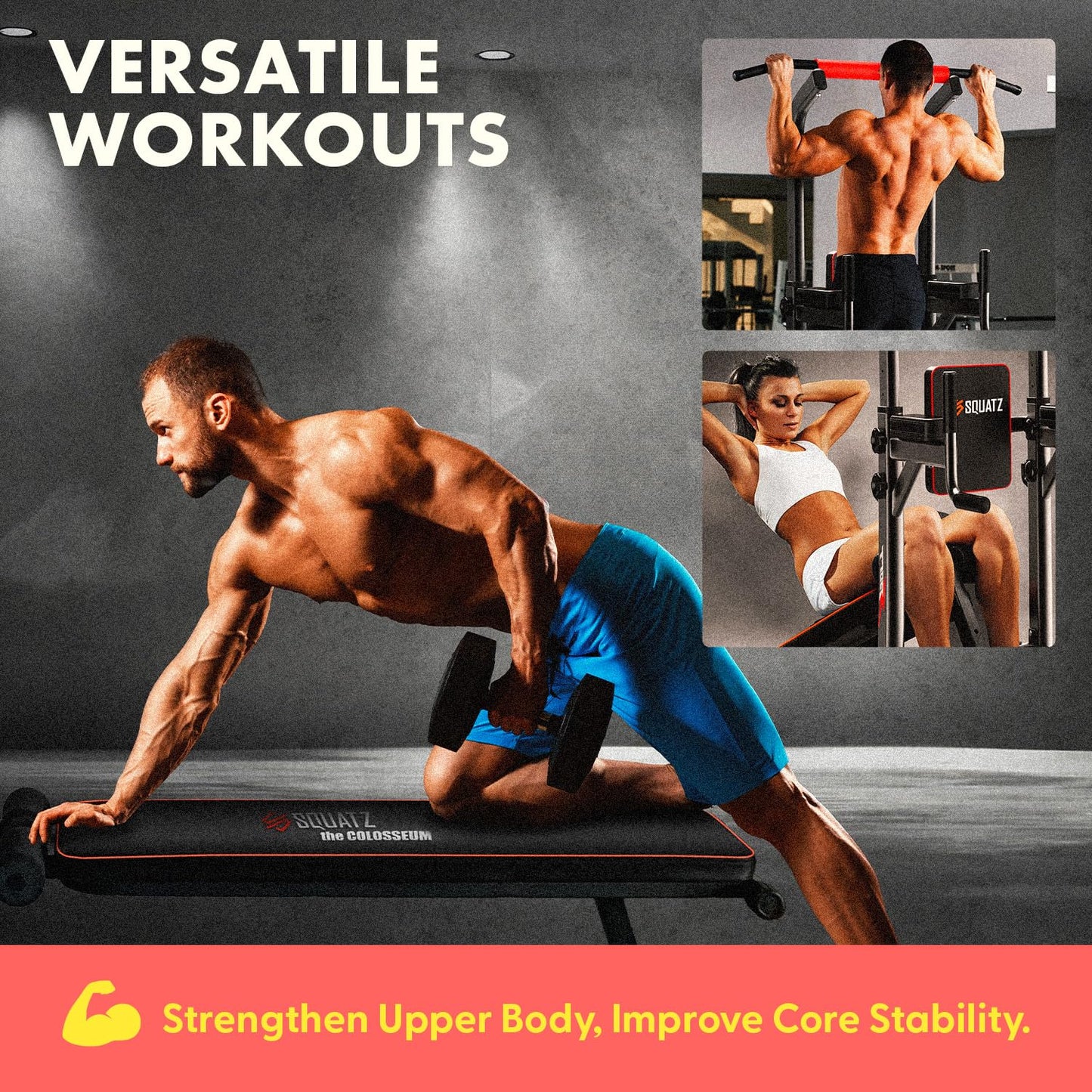 SQUATZ Pull-Up Dip Station - Your All-in-One Power Tower Gym and Chin-Up Bar Stand with Collapsible Bench for Home Exercise and Bench Press