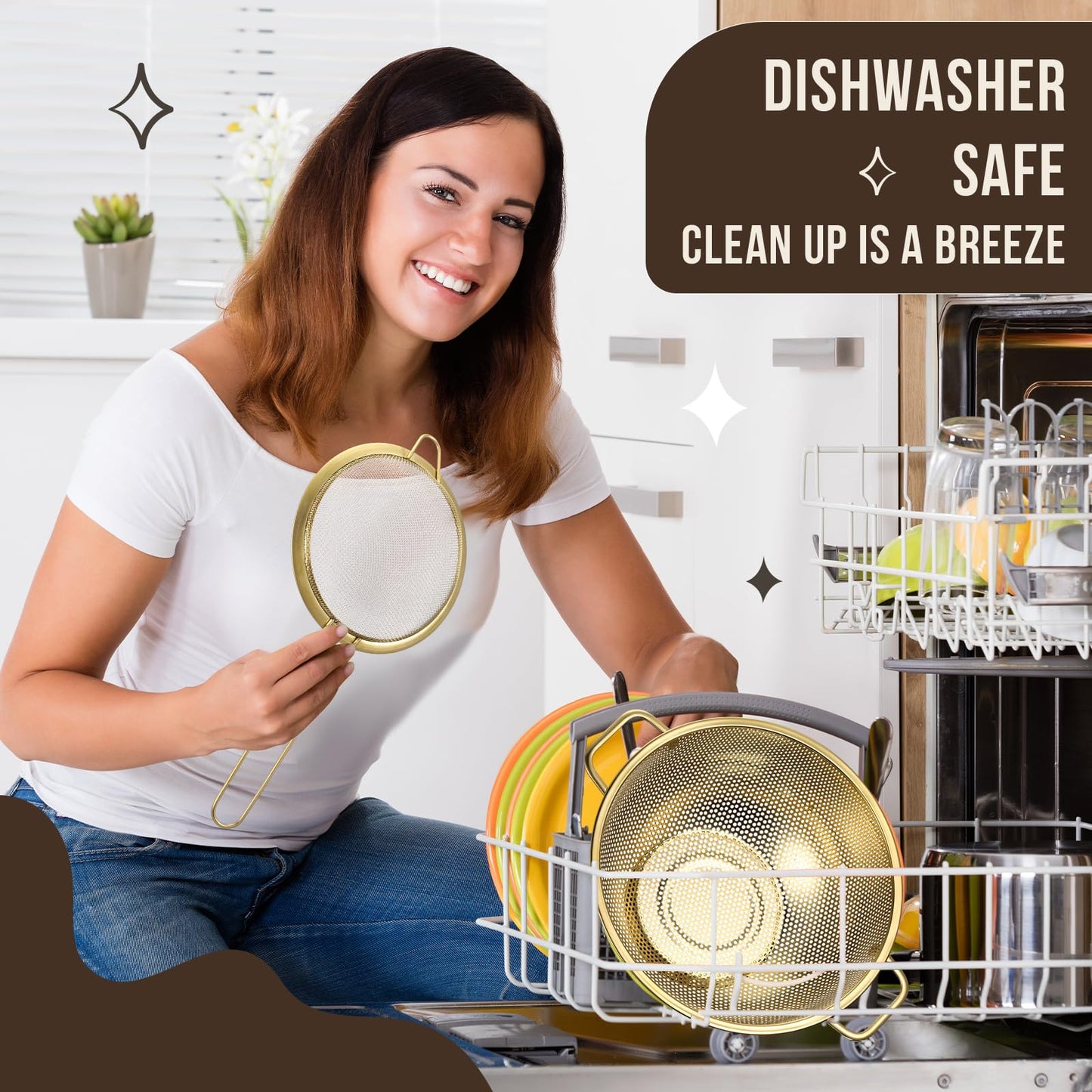 Baderke 7 Pcs Gold Kitchen Accessories Includes Stainless Steel Colander with Handles, 3 Gold Mixing Bowls with Airtight Lids and 3 Fine Mesh Strainer(Colander: 3 Qt, Mixing Bowls: 0.8/1/1.5 Qt)