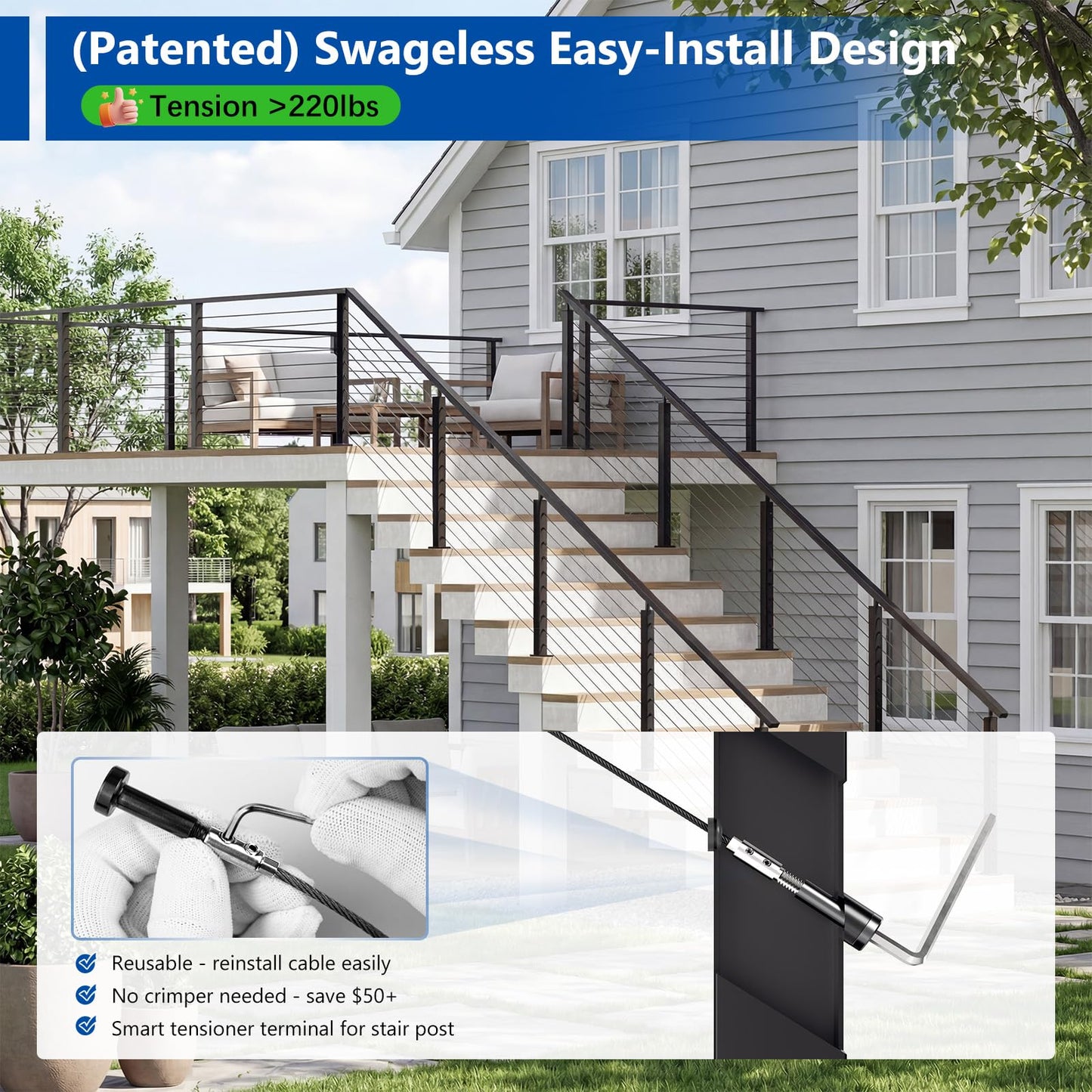 Zylorix 36" 8-16FT Swageless Modular Black Cable Railing System Post Kit with 2 Stair Posts Fit 28-38 Degree Stairway, T304 Stainless Steel, Patent Reusable Cable Railing Kit, Upgraded Powder Coated