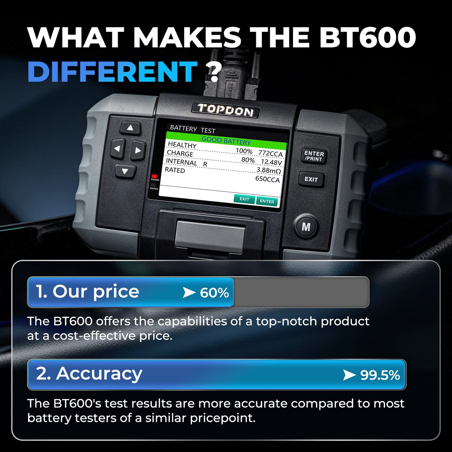Car Battery Tester, TOPDON BT600 12V, 12V/24V Cranking Tests and Charging Alternator Load 100-2000CCA Digital Battery Voltage Tester, 3.5" Screen with Built-in Printer
